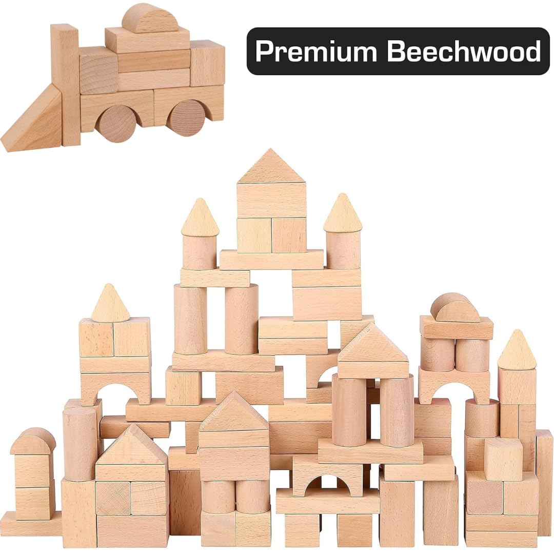 Pidoko Kids Wooden Blocks – 100 Pcs with Storage Container & Shape Sorter Lid | Beech Wood Preschool Blocks