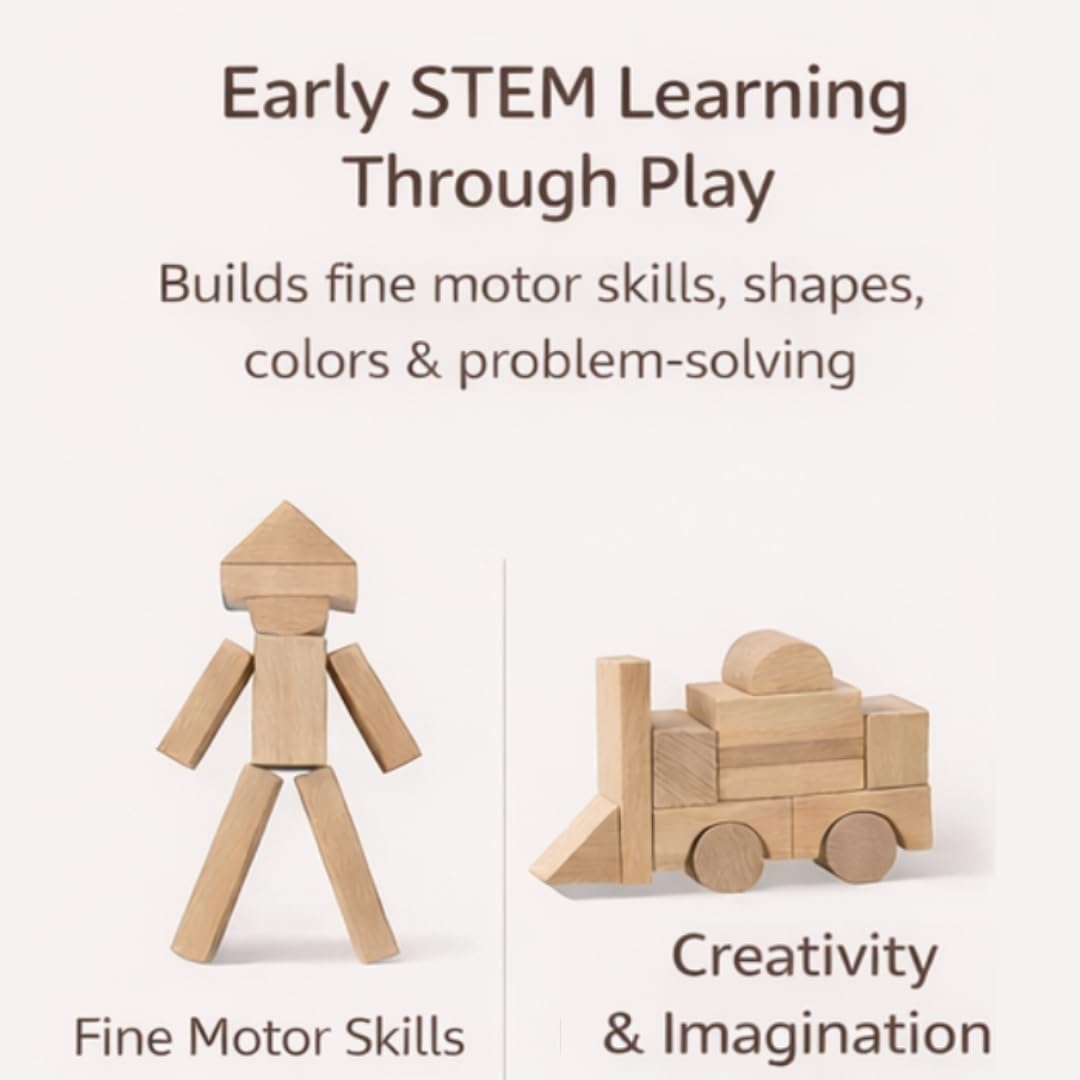 Pidoko Kids 100pc Beech Wood Blocks – Montessori Toddler Building Set with Storage Bucket