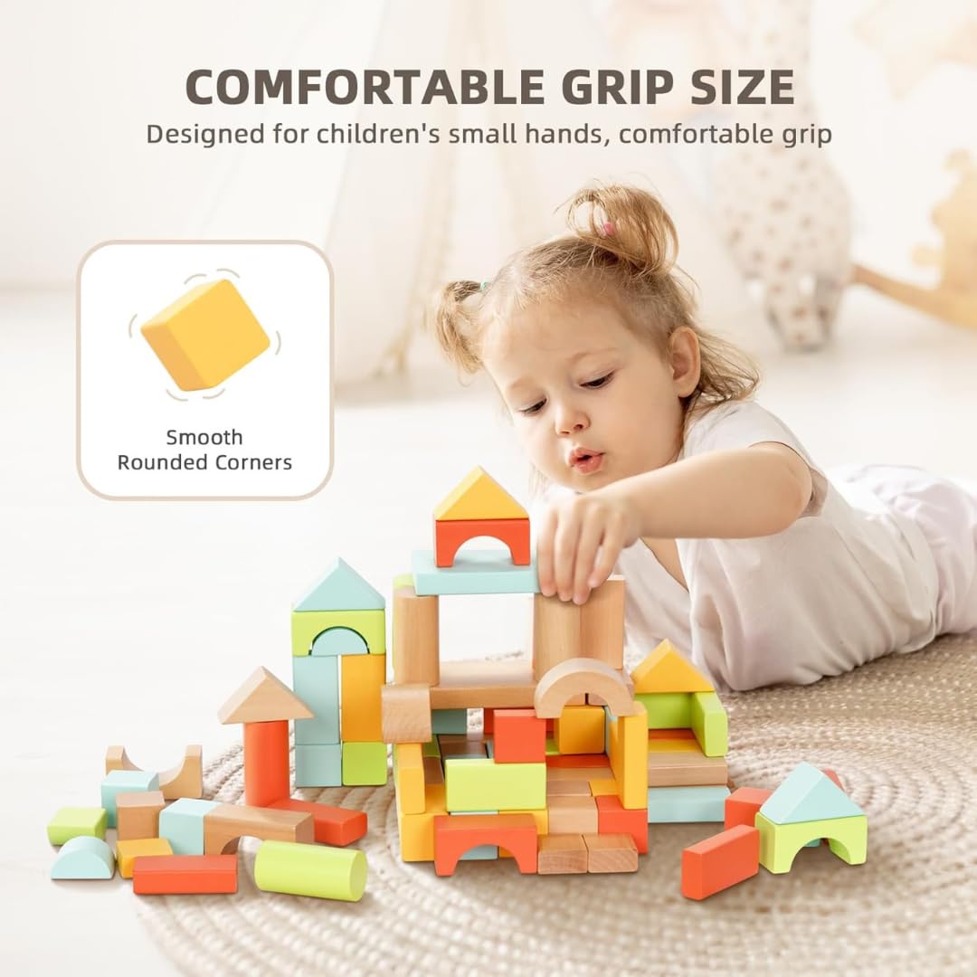 Pidoko Kids 100-Piece Wooden Building Blocks for Toddlers (1-3) | Storage Bucket & Shape Sorter Lid