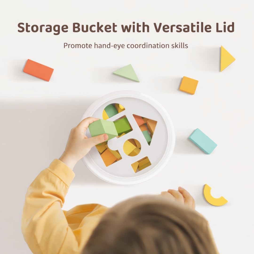 Pidoko Kids 100-Piece Wooden Building Blocks for Toddlers (1-3) | Storage Bucket & Shape Sorter Lid