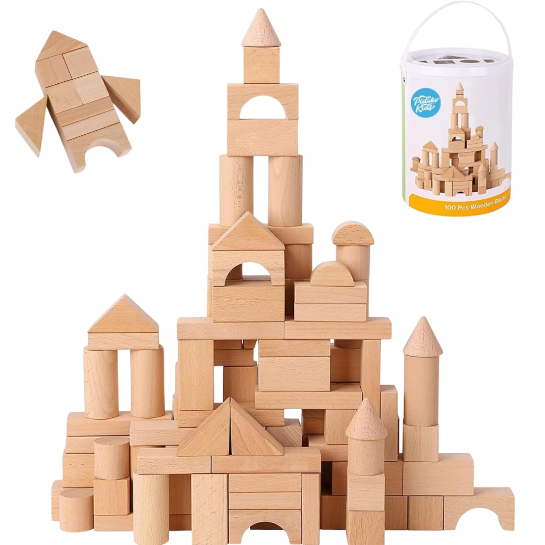 Pidoko Kids Wooden Blocks – 100 Pcs with Storage Container & Shape Sorter Lid | Beech Wood Preschool Blocks