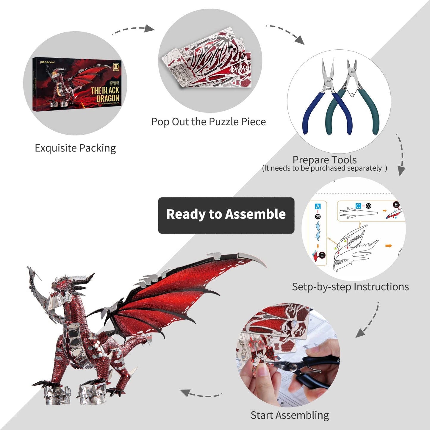 Piececool Black Dragon King 3D Metal Model Kit with DIY Tools | Challenging Family Time Project
