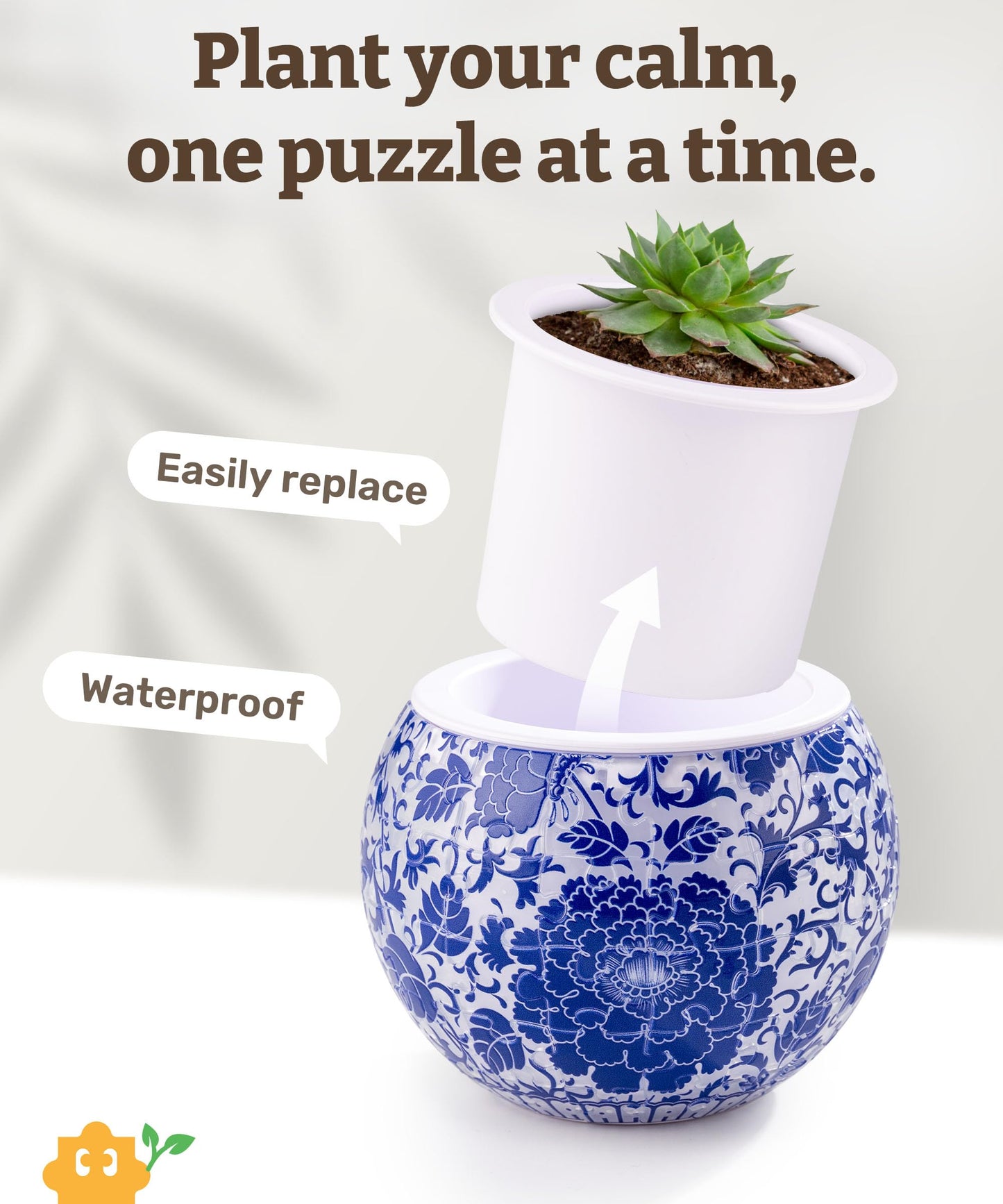 PieceRelax 3D Puzzle Planter - Oriental Floral Ornament, Small Round Pots with Drainage