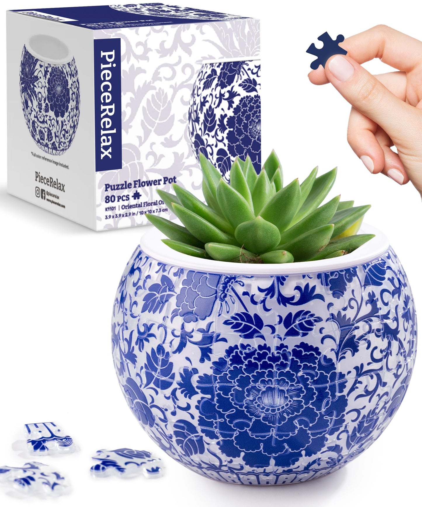 PieceRelax 3D Puzzle Planter - Oriental Floral Ornament, Small Round Pots with Drainage