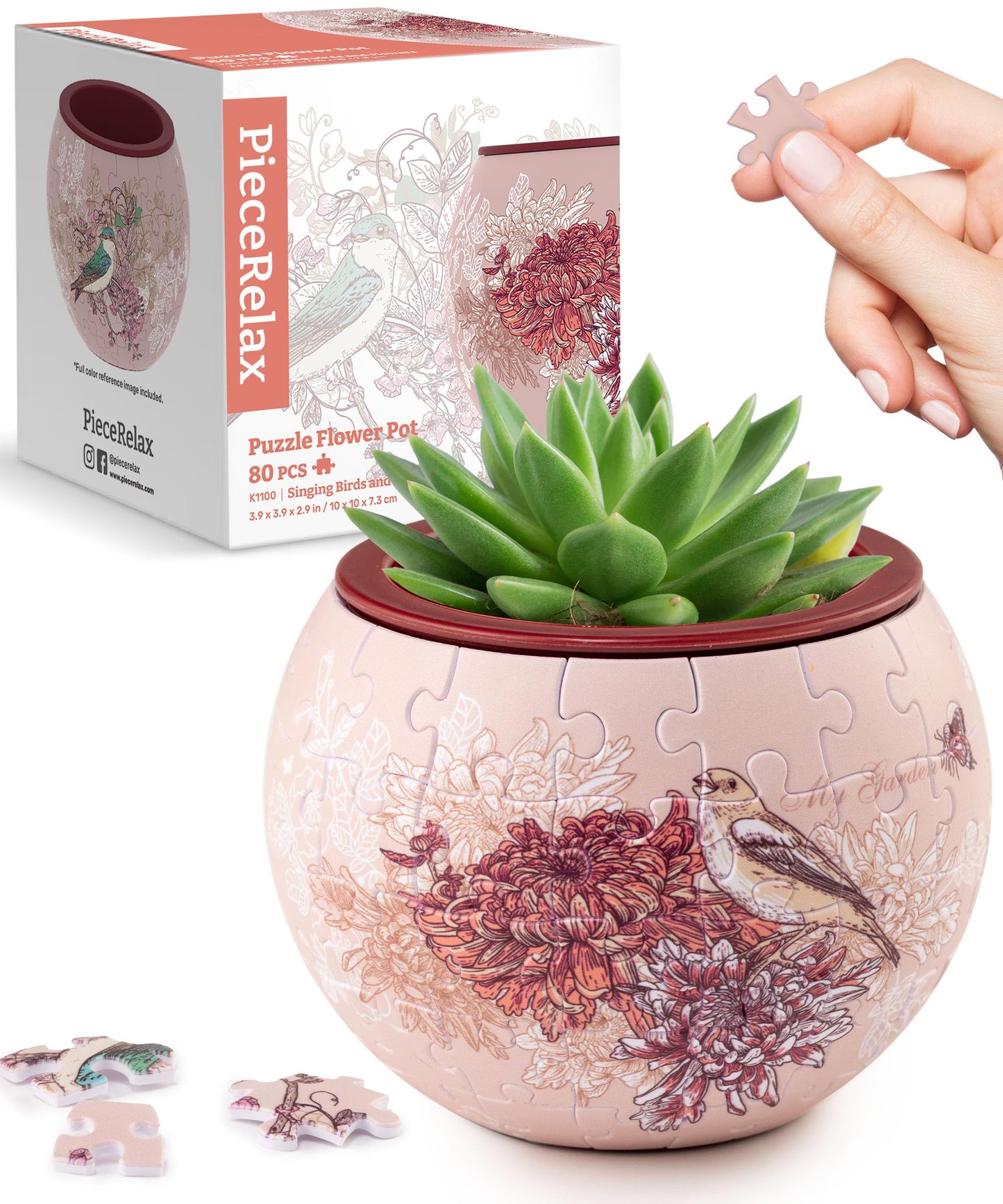 PieceRelax 3D Puzzle Planter – Singing Birds & Flowers, Danish Folklore Indoor Pot