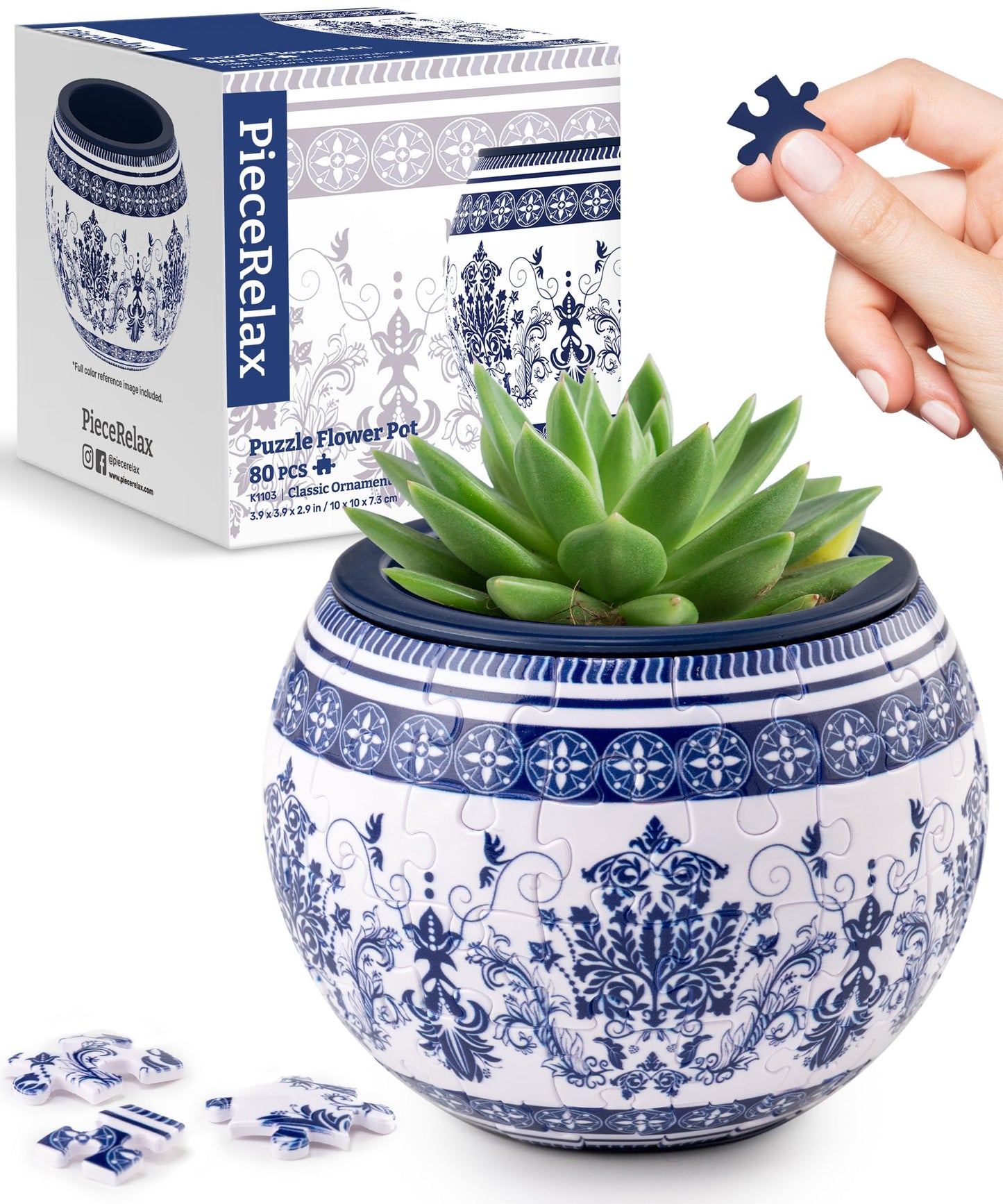 PieceRelax 3D Puzzle Planter - Classic Round Pot with Drainage for Indoor Cactus & Succulents | K1103