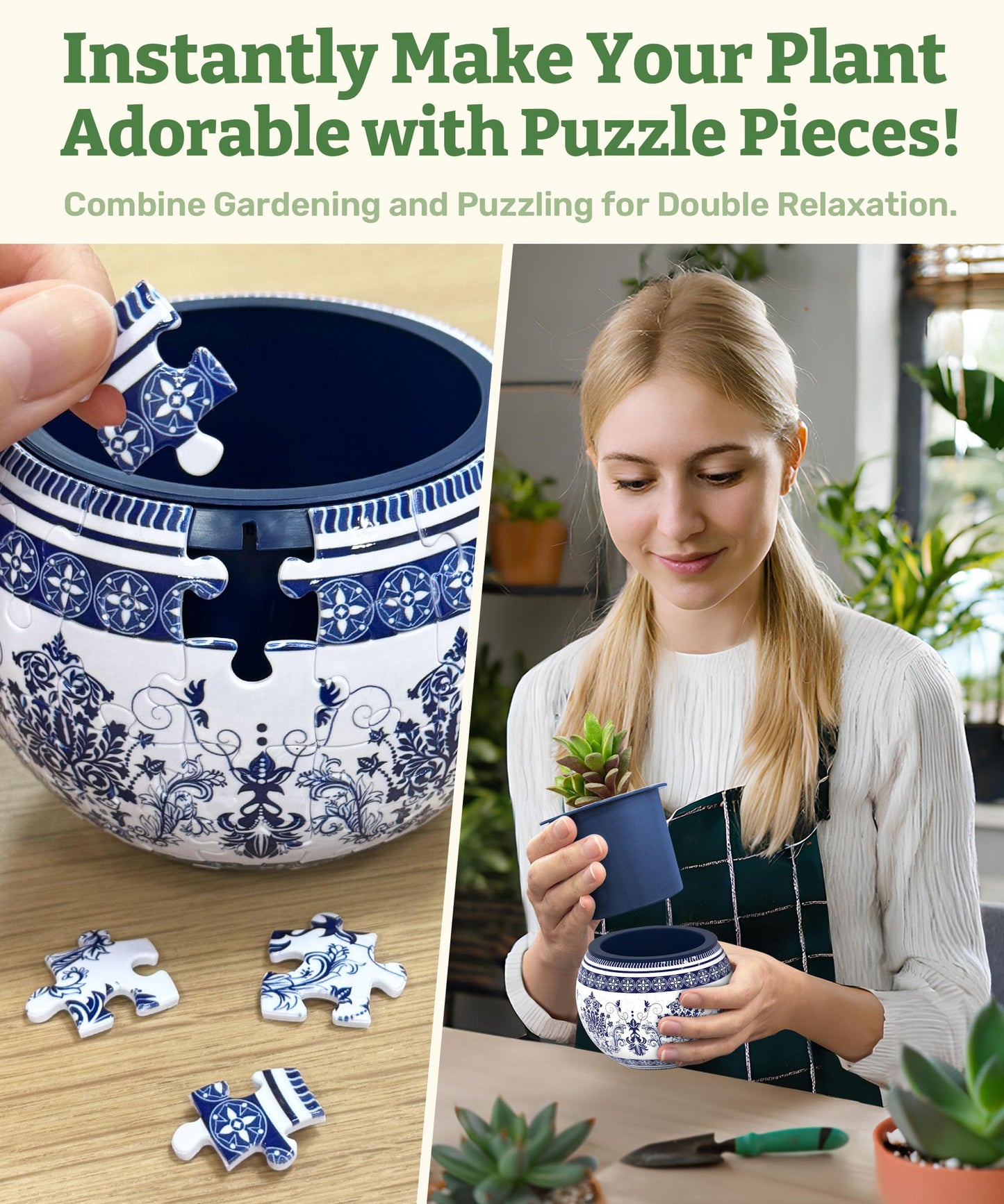 PieceRelax 3D Puzzle Planter - Classic Round Pot with Drainage for Indoor Cactus & Succulents | K1103