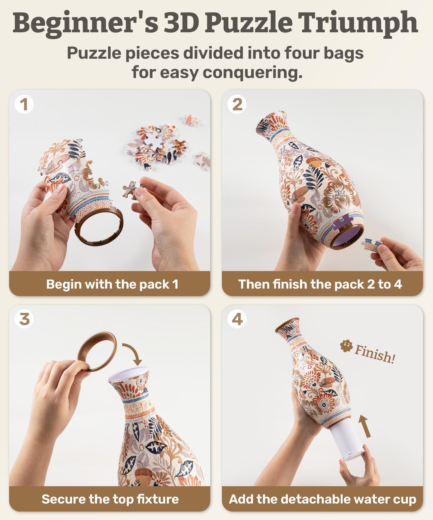 PieceRelax Unique Flower Vase — 3D Puzzle for Adults, 160 Curved Pieces, Spring Symphony S1040