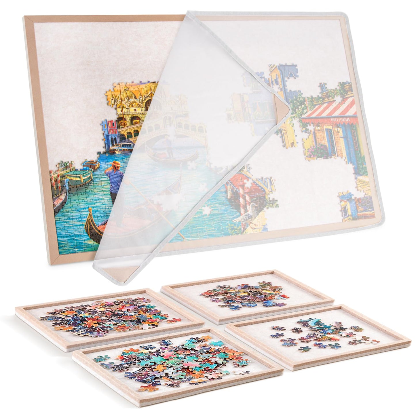 Piecevana Puzzle Board with 4 Sorting Trays | 31.5 x 23.6 Inch Felt Display for 1000-Piece Puzzles