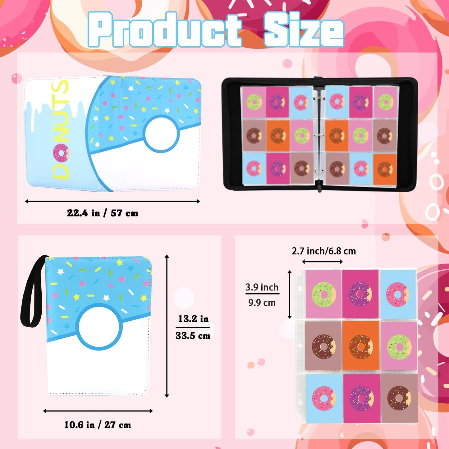Piefectpie 9 Pocket Card Binder – 900 Card Holder, Pink Donut Zipper Binder