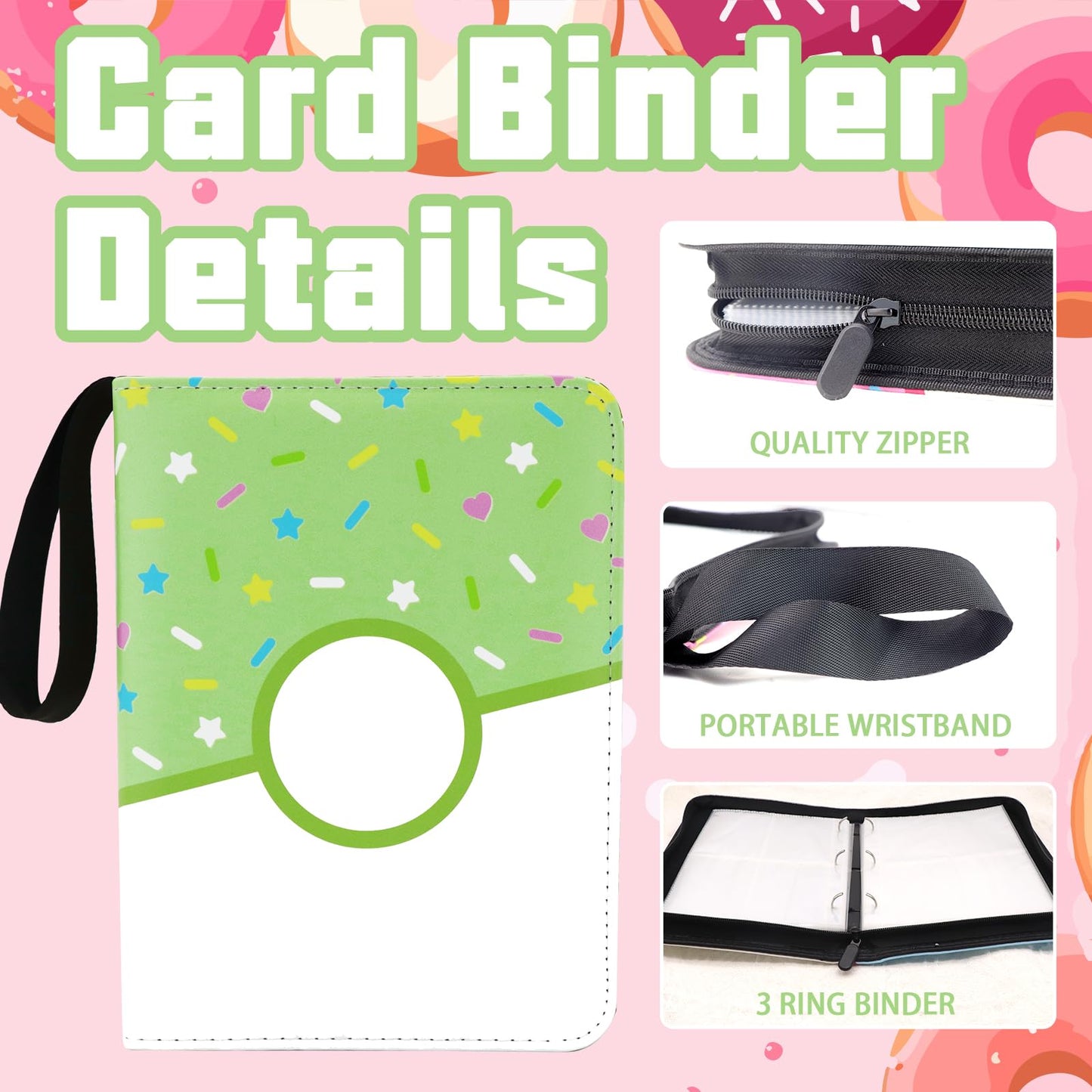 Piefectpie 900-Pocket Donut Card Binder – Green Donut Zipper Binder for 900 Cards