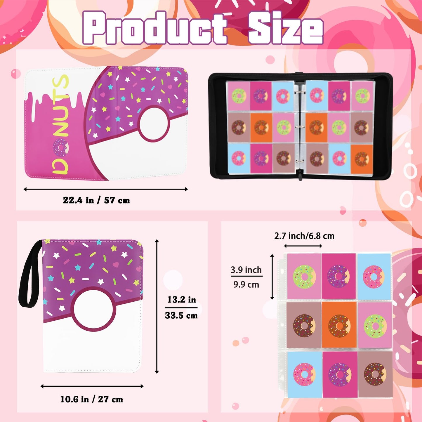 Piefectpie 9-Pocket Card Binder – 900 Card Holder Album, Pink Donut Zipper Binder for Girls/Teens