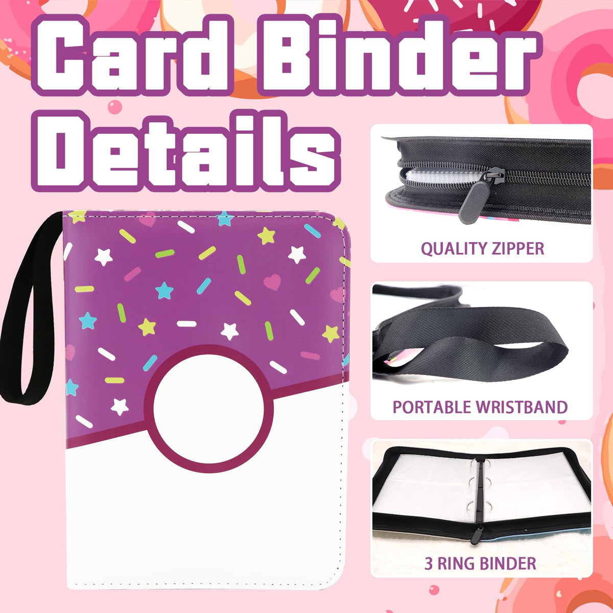 Piefectpie 4 Pocket Card Binder – 400-Card Holder Album, Pink Donut
