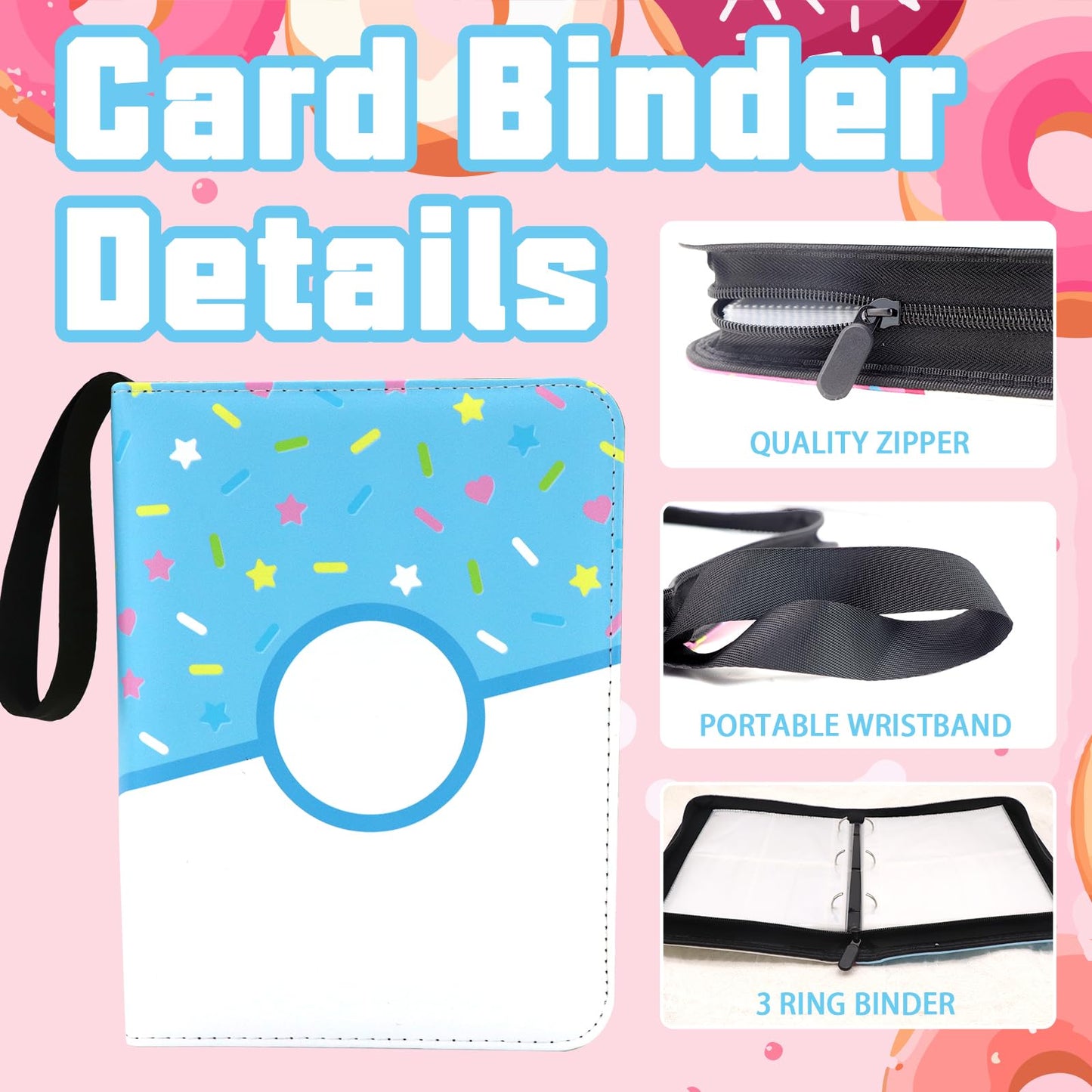 Piefectpie 9 Pocket Card Binder – 900 Card Holder, Pink Donut Zipper Binder