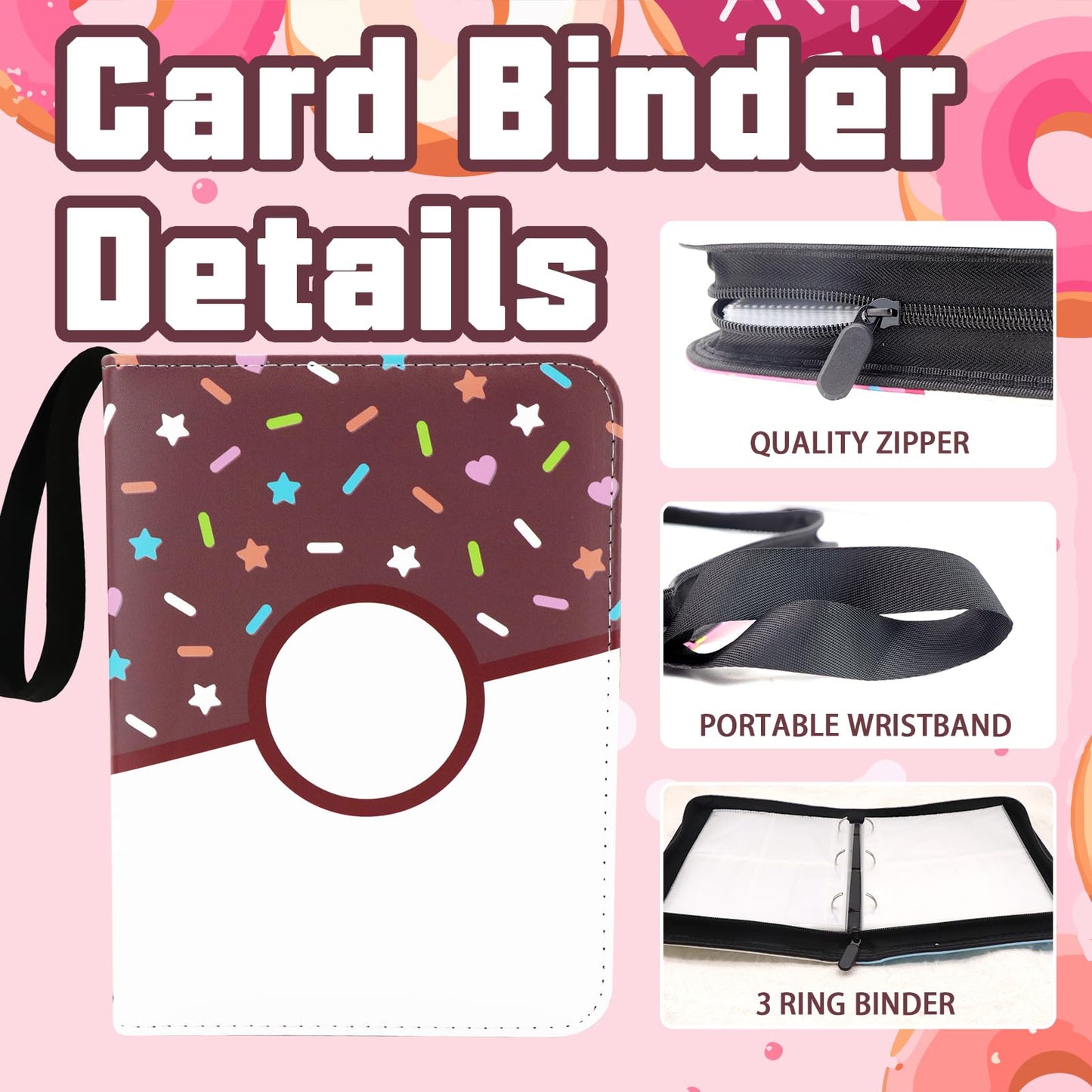 Piefectpie 9-Pocket Card Binder: Pink Donut Zipper Binder, 900 Pocket, 3-Ring Album