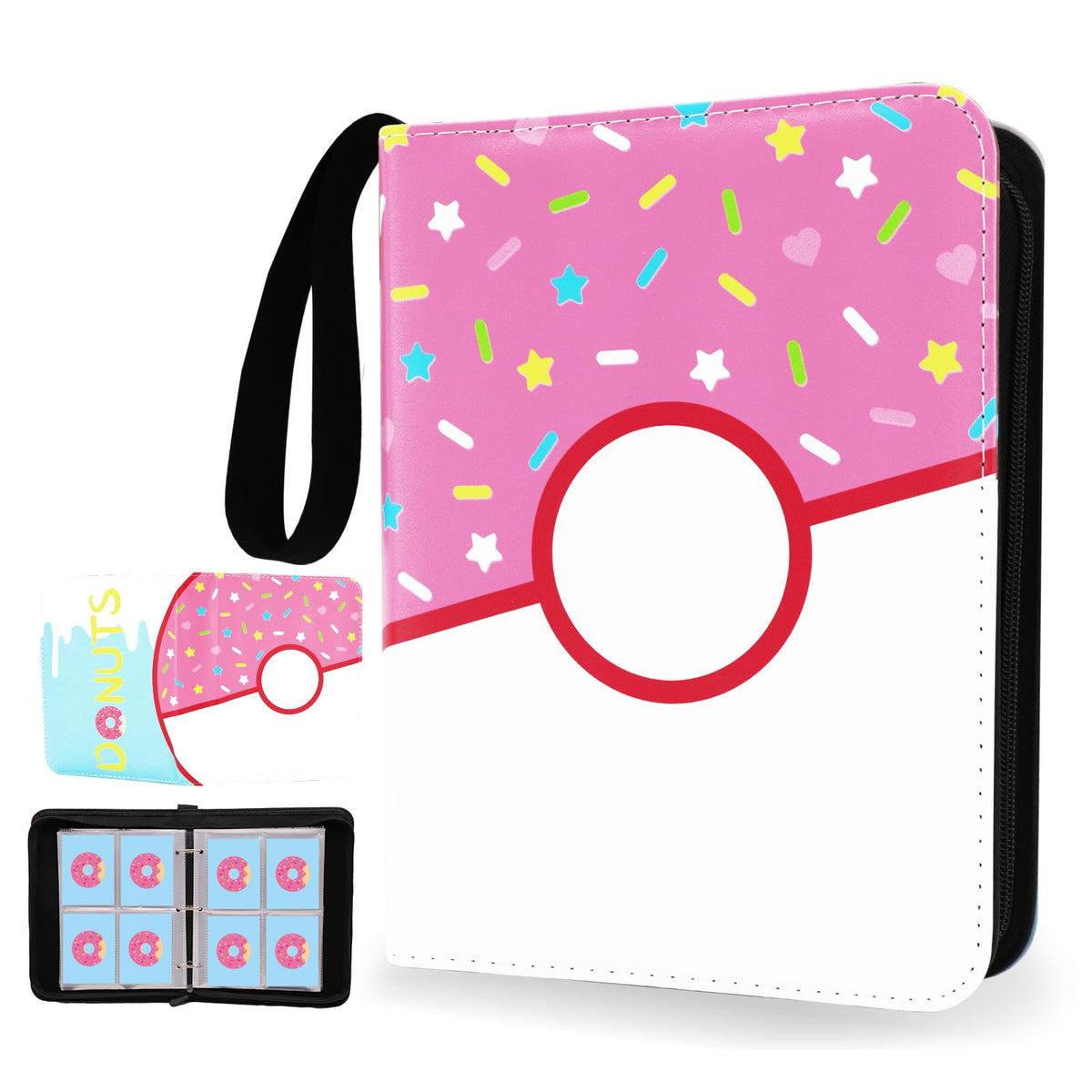 Piefectpie 4-Pocket Card Binder – 400 Card Holder Album, Pink Donut Zipper Binder
