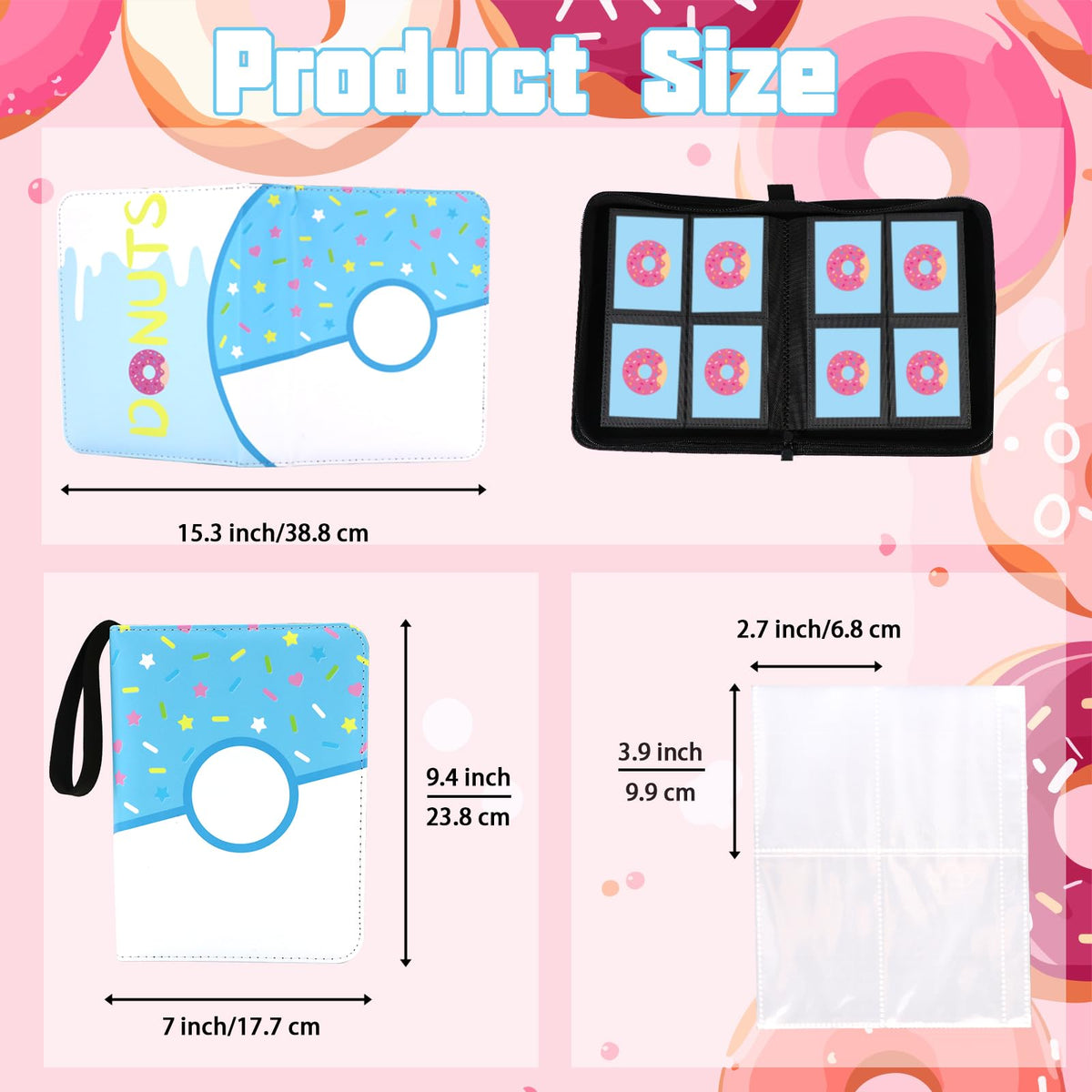 Piefectpie 4-Pocket Card Binder - Pink Donut 400-Card Holder Album with 3-Ring Binder