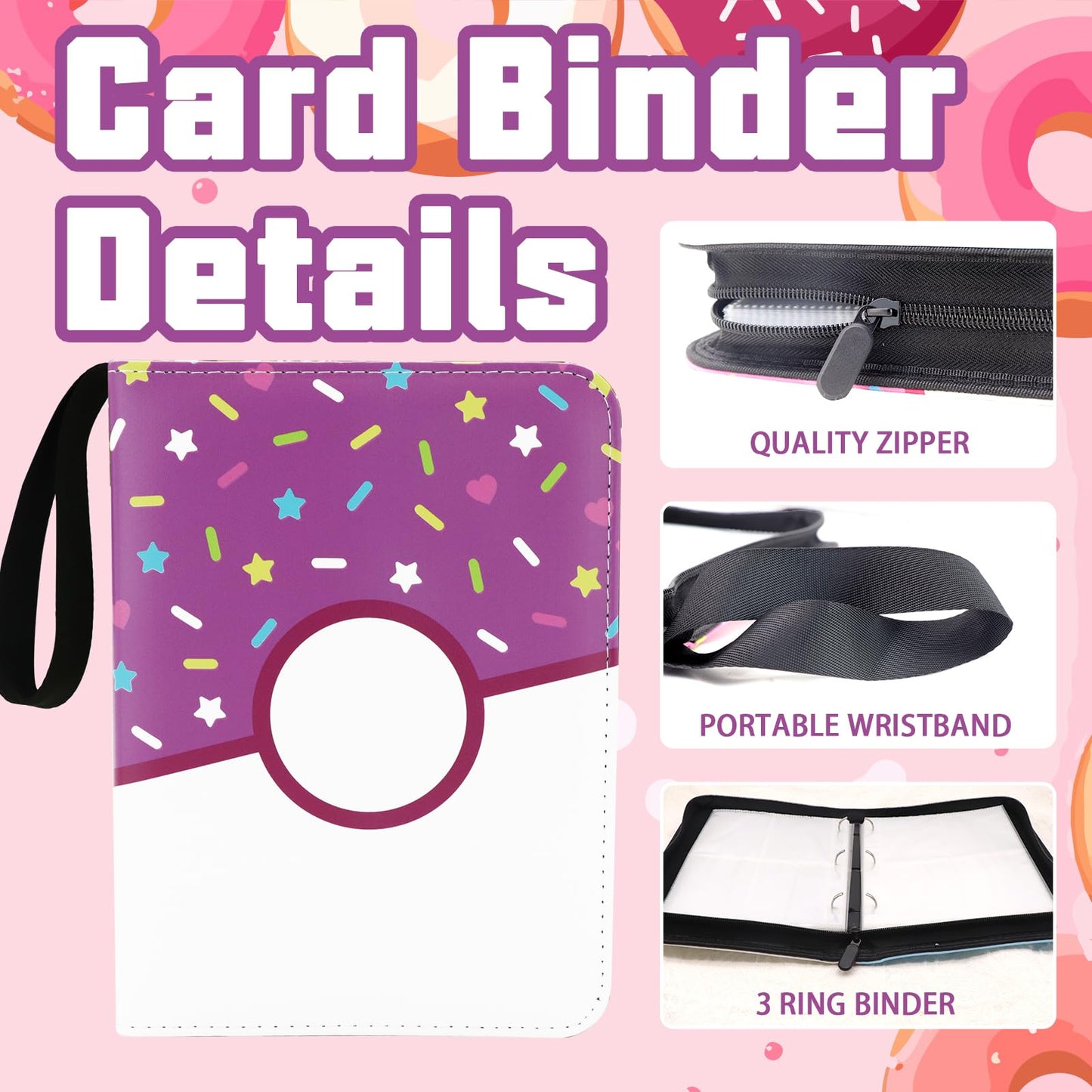 Piefectpie 9-Pocket Card Binder – 900 Card Holder Album, Pink Donut Zipper Binder for Girls/Teens