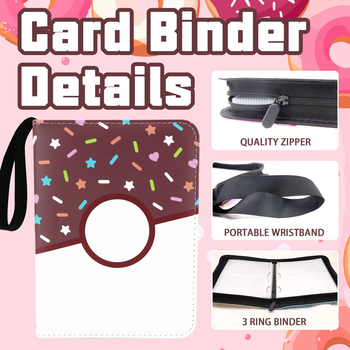Piefectpie 4 Pocket Card Binder - 400 Card Holder, Pink Donut