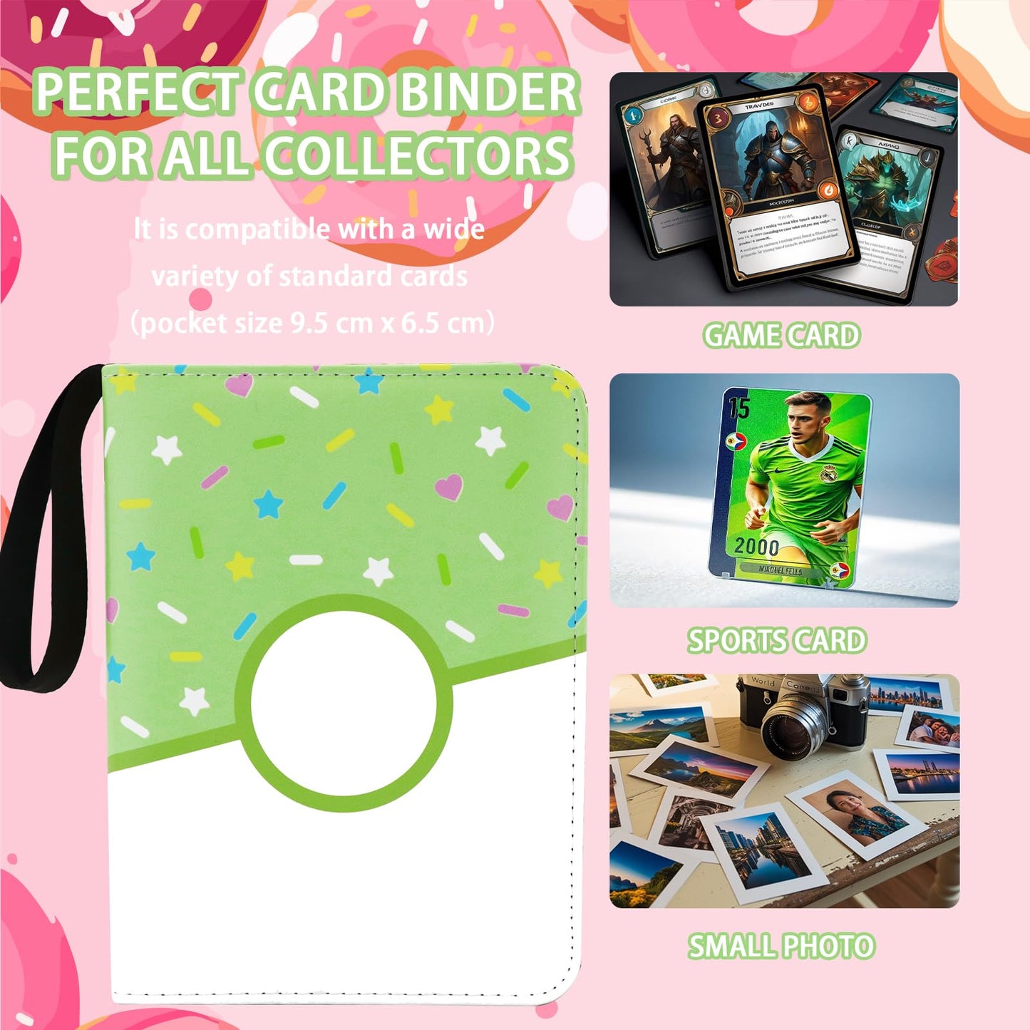 Piefectpie 900-Pocket Donut Card Binder – Green Donut Zipper Binder for 900 Cards