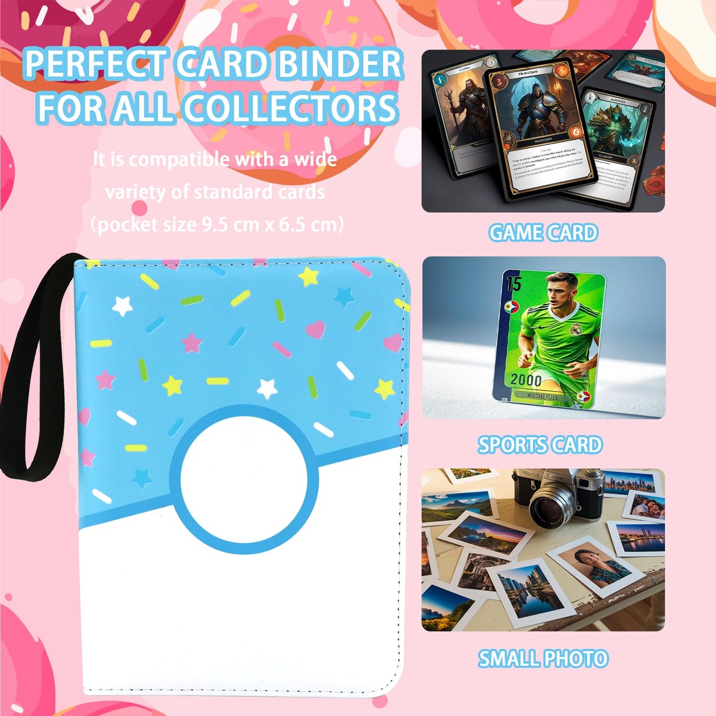 Piefectpie 9 Pocket Card Binder – 900 Card Holder, Pink Donut Zipper Binder