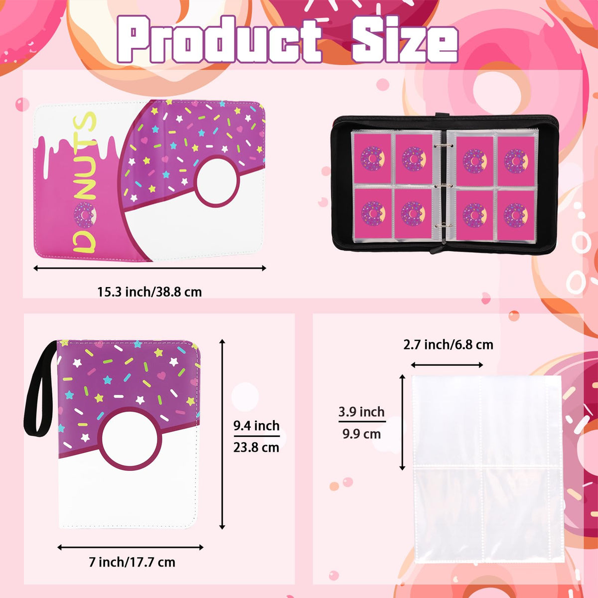 Piefectpie 4 Pocket Card Binder – 400-Card Holder Album, Pink Donut