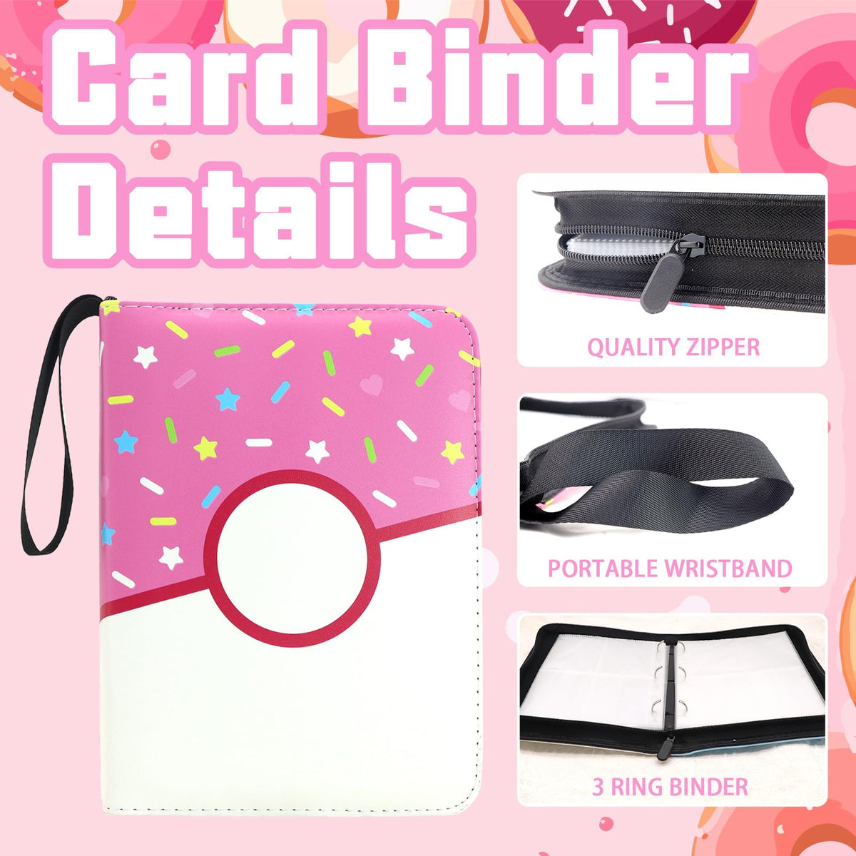Piefectpie 4-Pocket Card Binder – 400 Card Holder Album, Pink Donut Zipper Binder