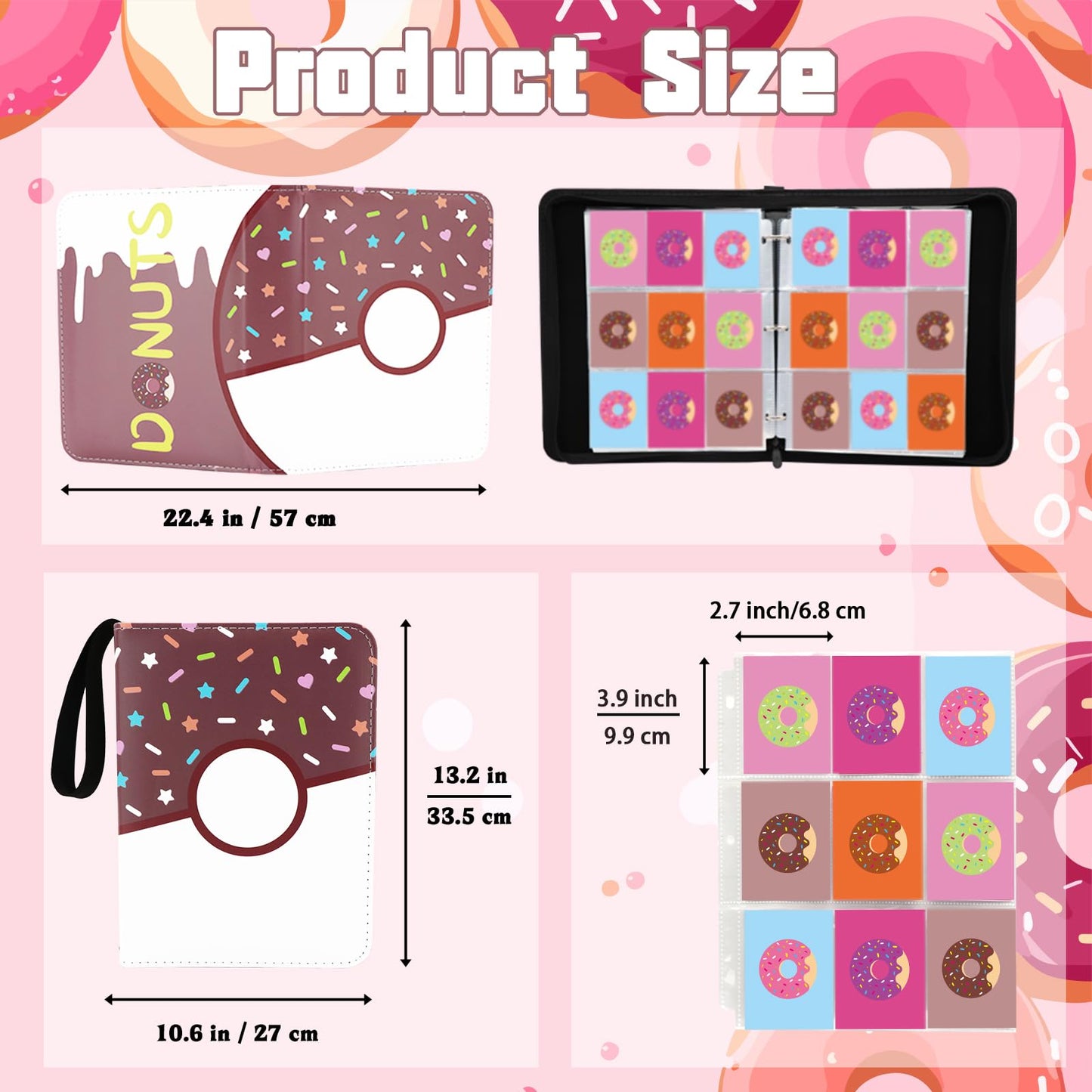 Piefectpie 9-Pocket Card Binder: Pink Donut Zipper Binder, 900 Pocket, 3-Ring Album