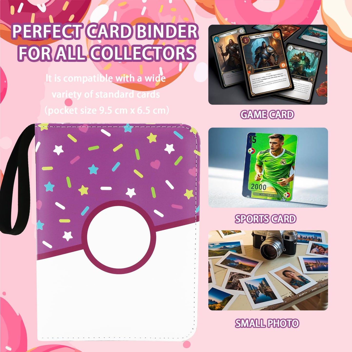 Piefectpie 9-Pocket Card Binder – 900 Card Holder Album, Pink Donut Zipper Binder for Girls/Teens