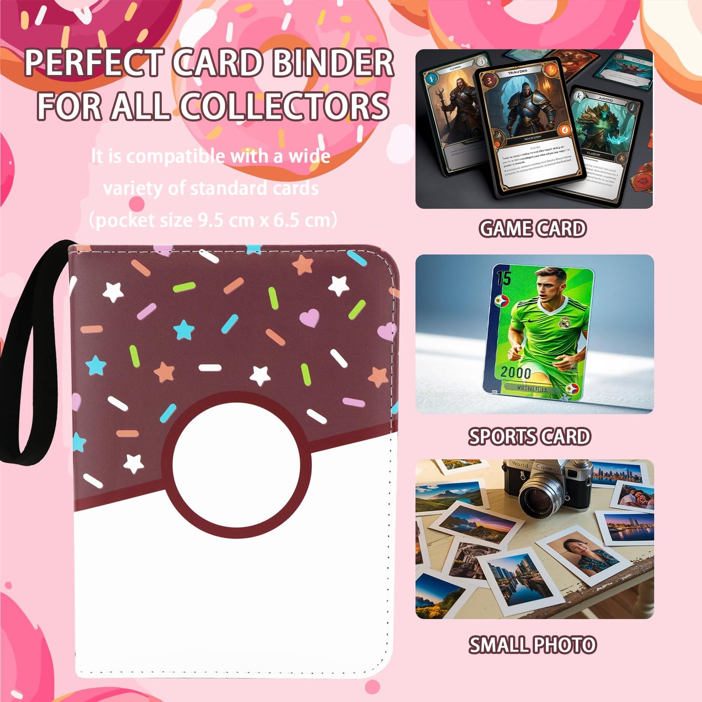 Piefectpie 9-Pocket Card Binder: Pink Donut Zipper Binder, 900 Pocket, 3-Ring Album