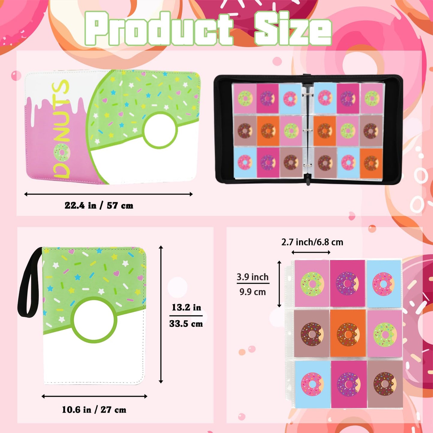 Piefectpie 900-Pocket Donut Card Binder – Green Donut Zipper Binder for 900 Cards