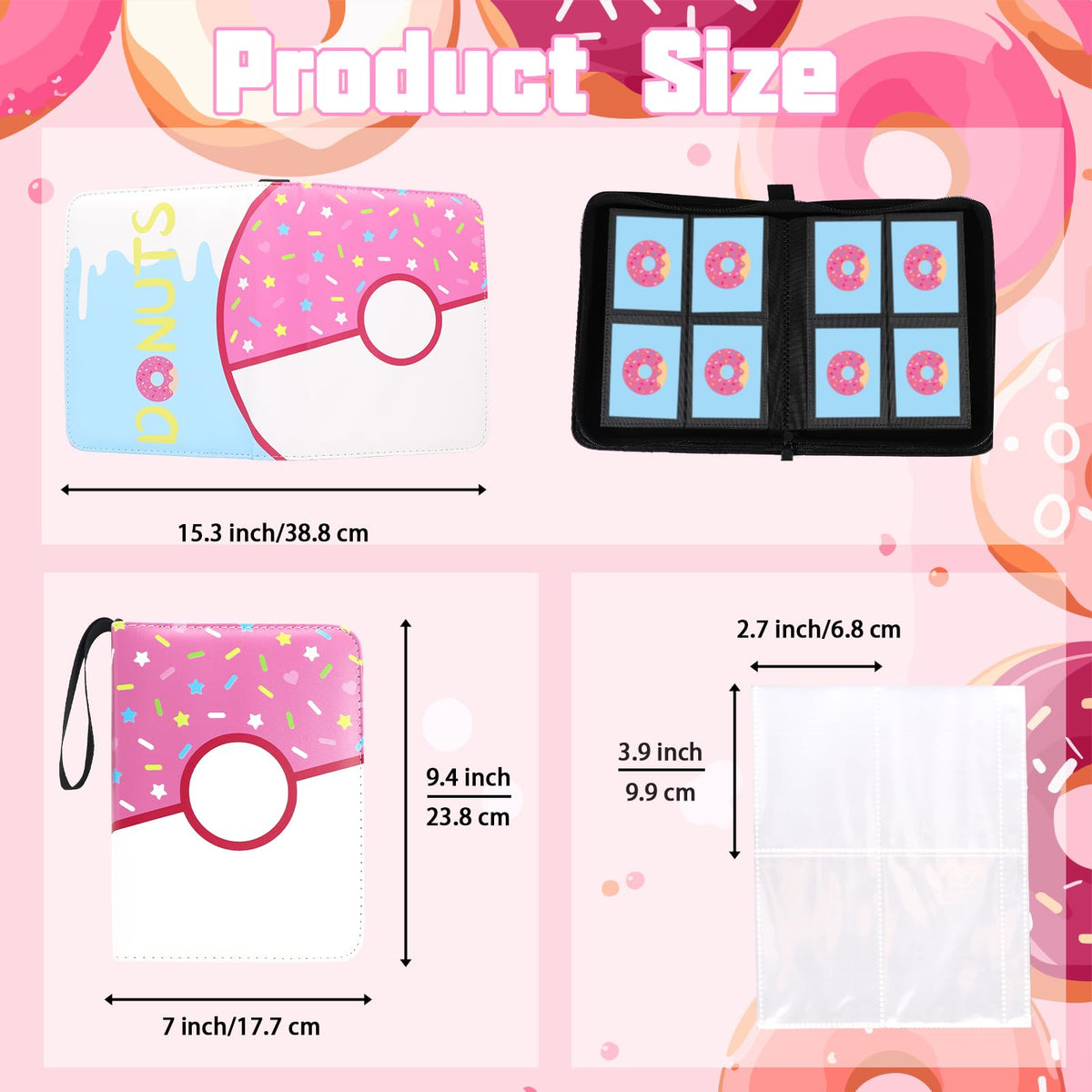 Piefectpie 4-Pocket Card Binder – 400 Card Holder Album, Pink Donut Zipper Binder