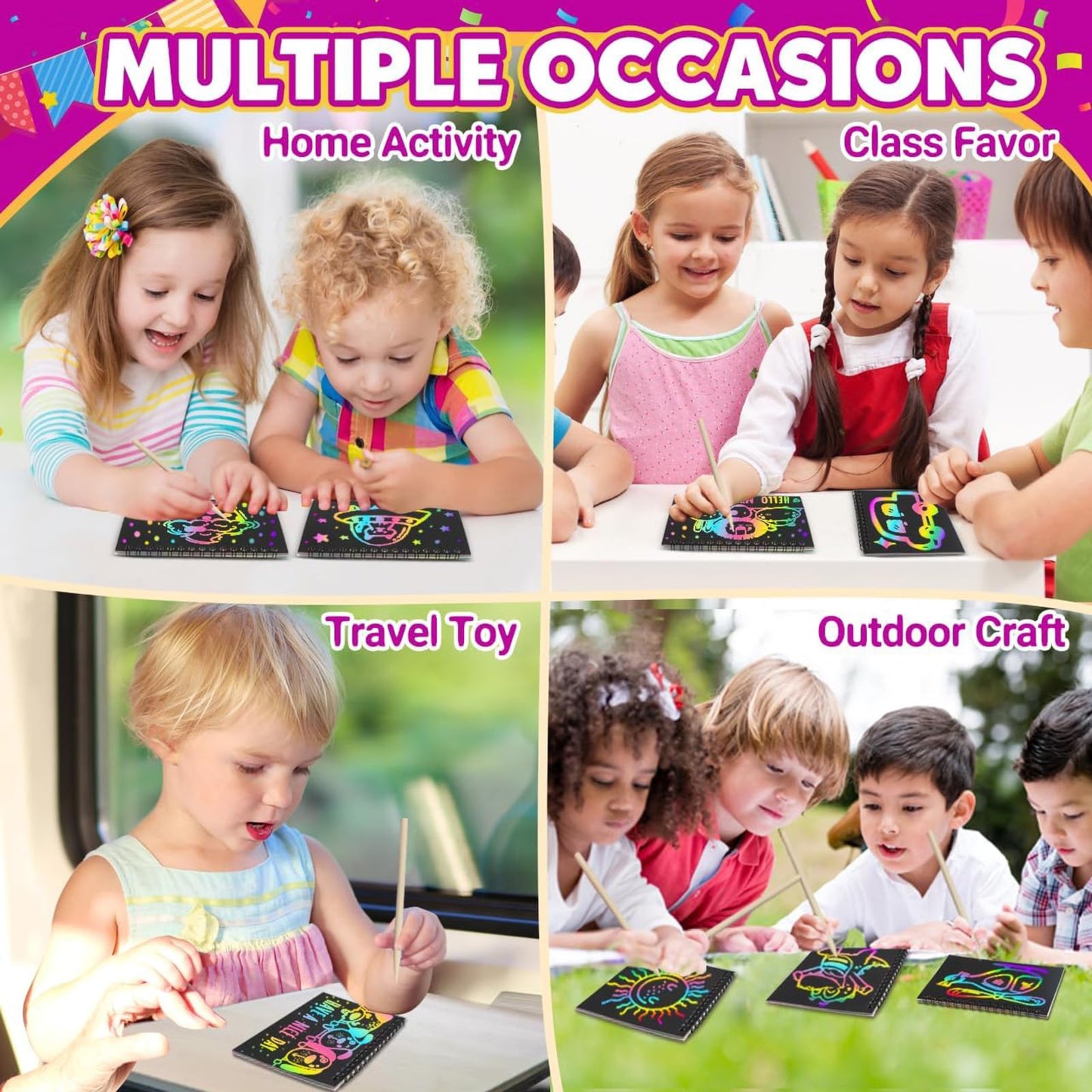 Pigipigi Kids Scratch Rainbow Art Notebook Kit - 16-Pack Party Favors & DIY Coloring Gifts
