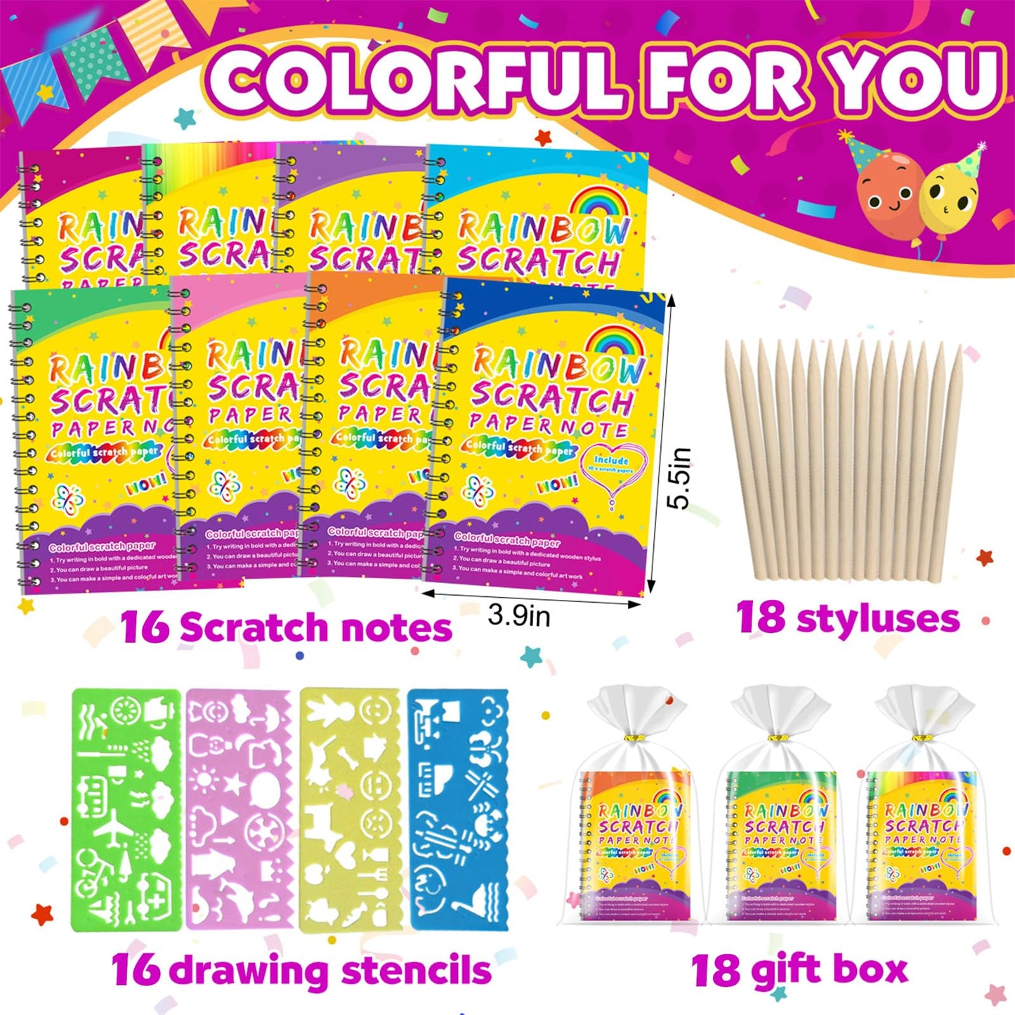 Pigipigi Kids Scratch Rainbow Art Notebook Kit - 16-Pack Party Favors & DIY Coloring Gifts