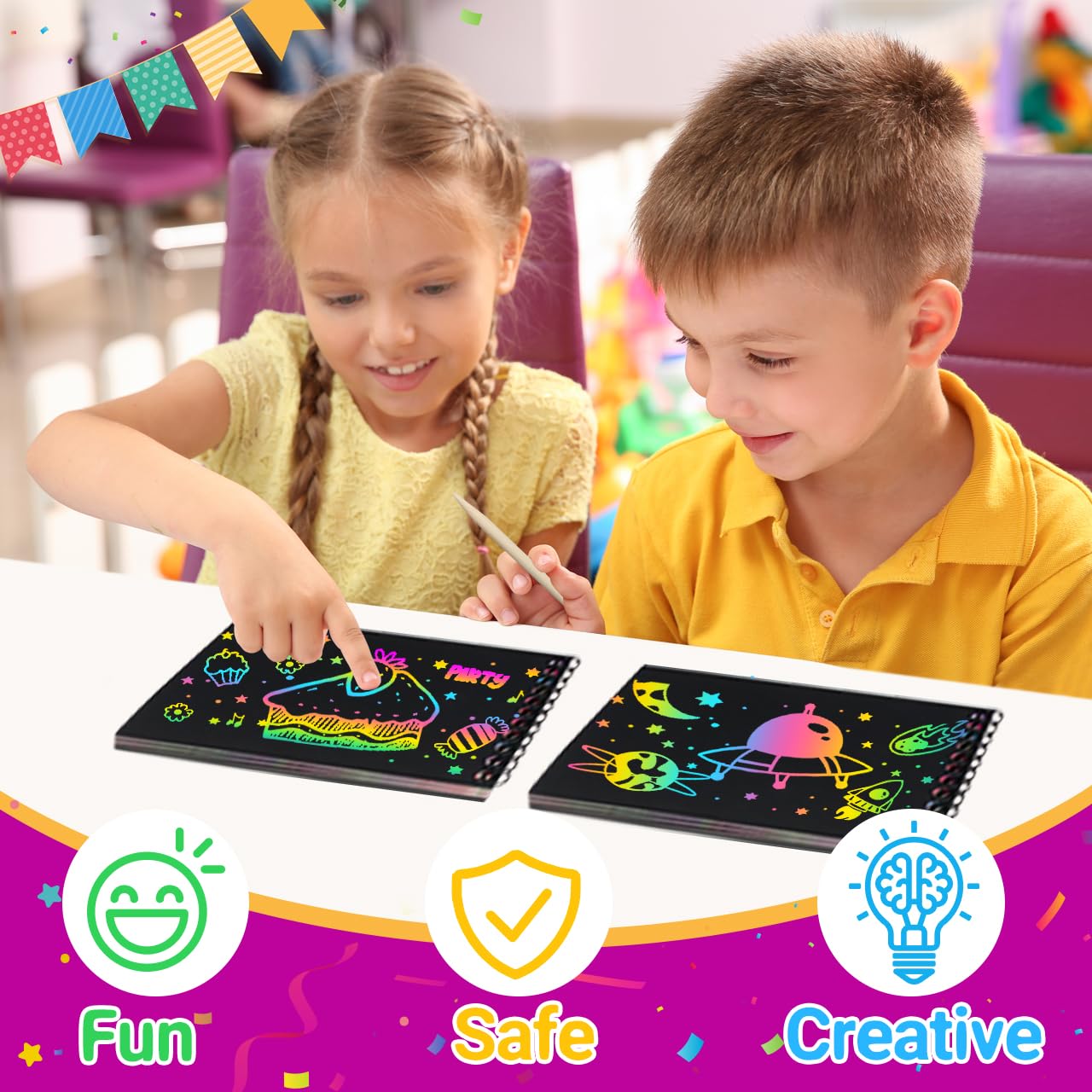 Pigipigi Kids Scratch Rainbow Art Notebook Kit - 16-Pack Party Favors & DIY Coloring Gifts