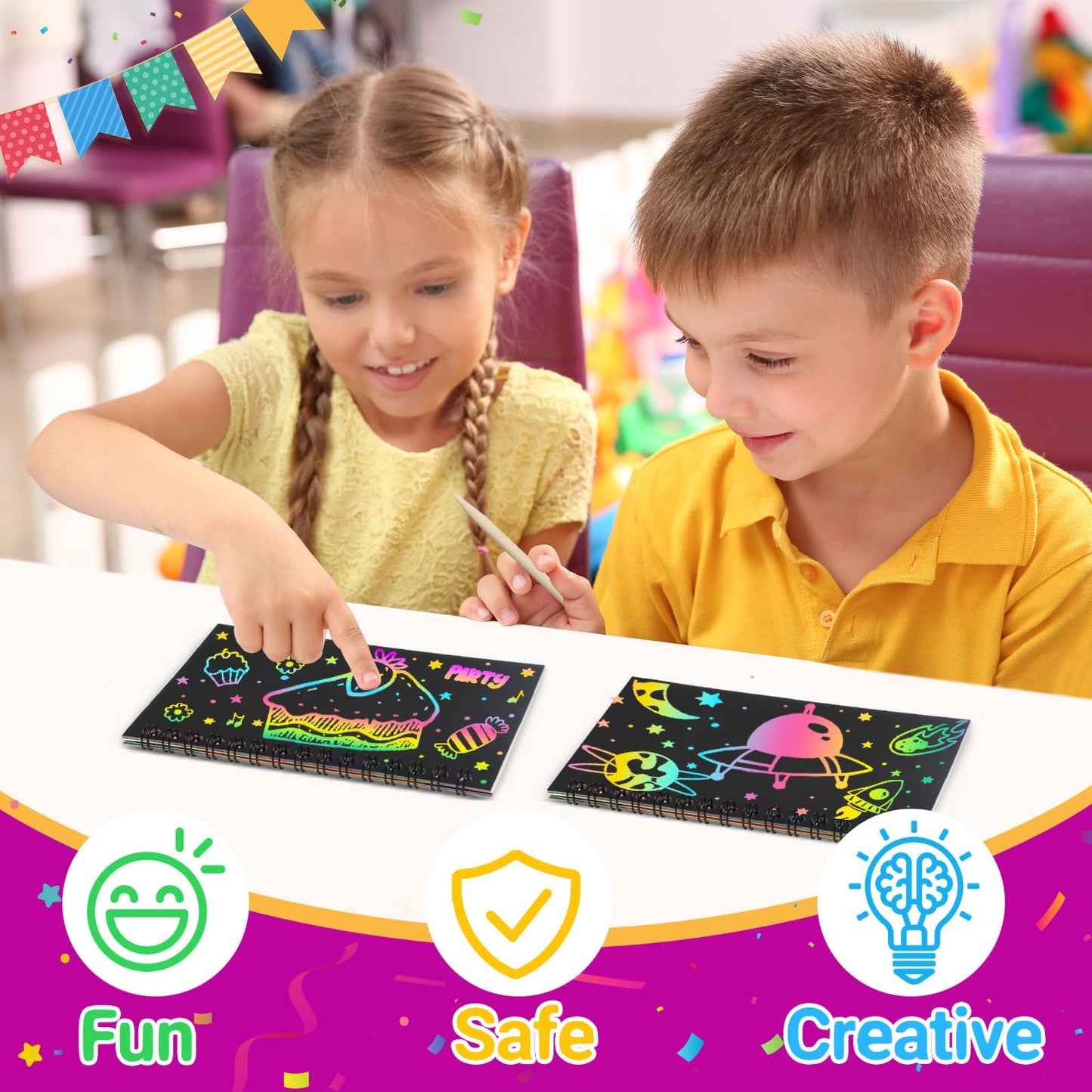 Pigipigi Kids Scratch Rainbow Art Notebook Kit - 16-Pack Party Favors & DIY Coloring Gifts