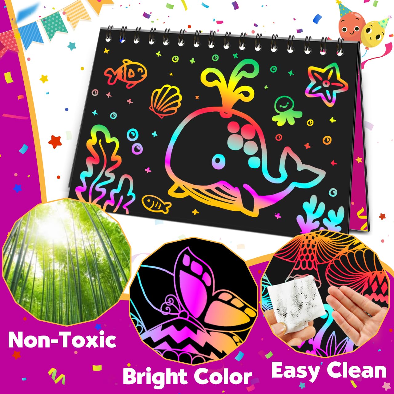 Pigipigi Kids Party Favors: 36-Pack Scratch Rainbow Notebooks & 38-Piece Craft Kit