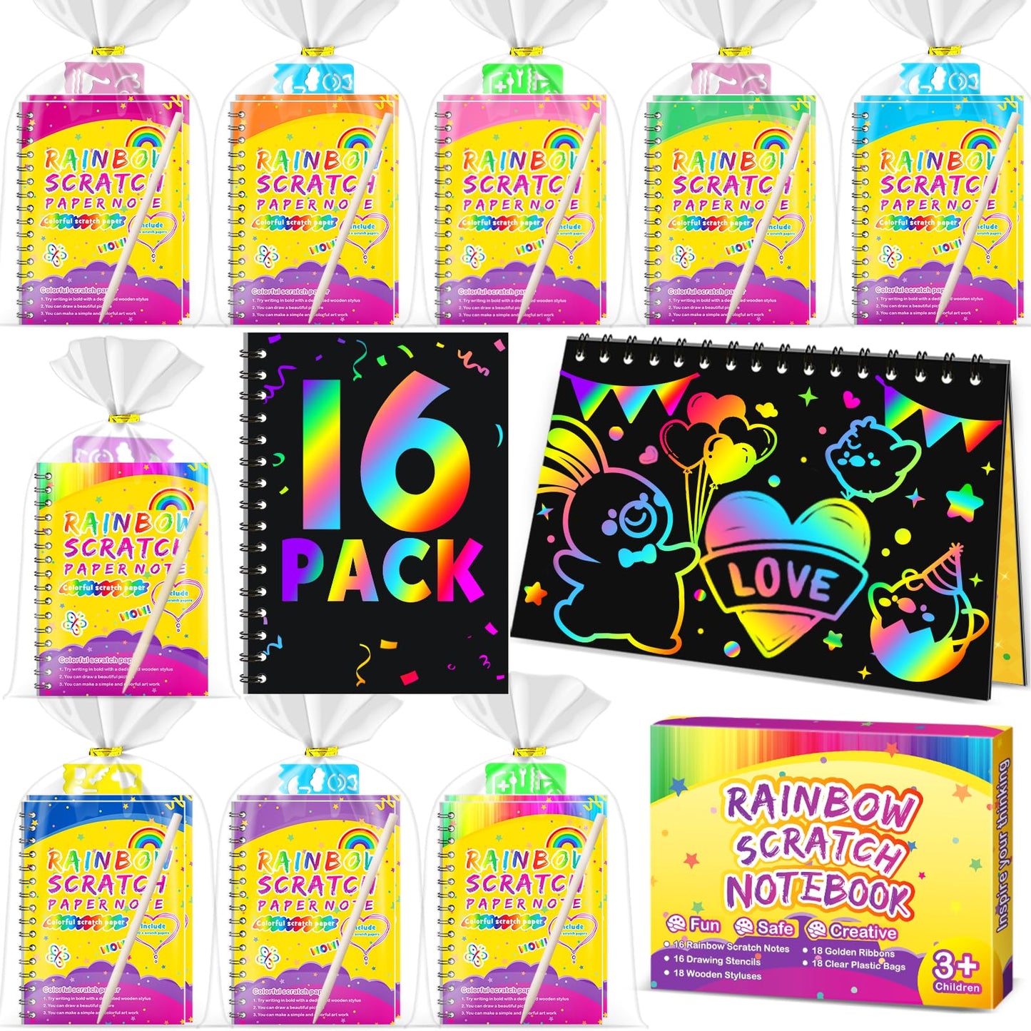 Pigipigi Kids Scratch Rainbow Art Notebook Kit - 16-Pack Party Favors & DIY Coloring Gifts
