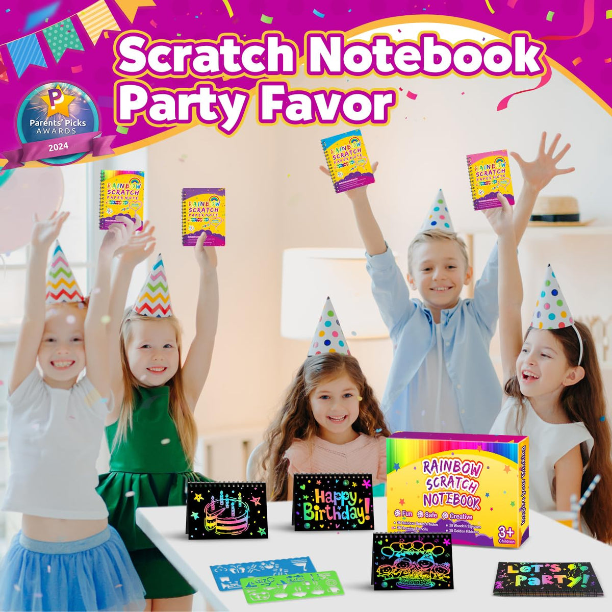 Pigipigi Kids Party Favors: 36-Pack Scratch Rainbow Notebooks & 38-Piece Craft Kit