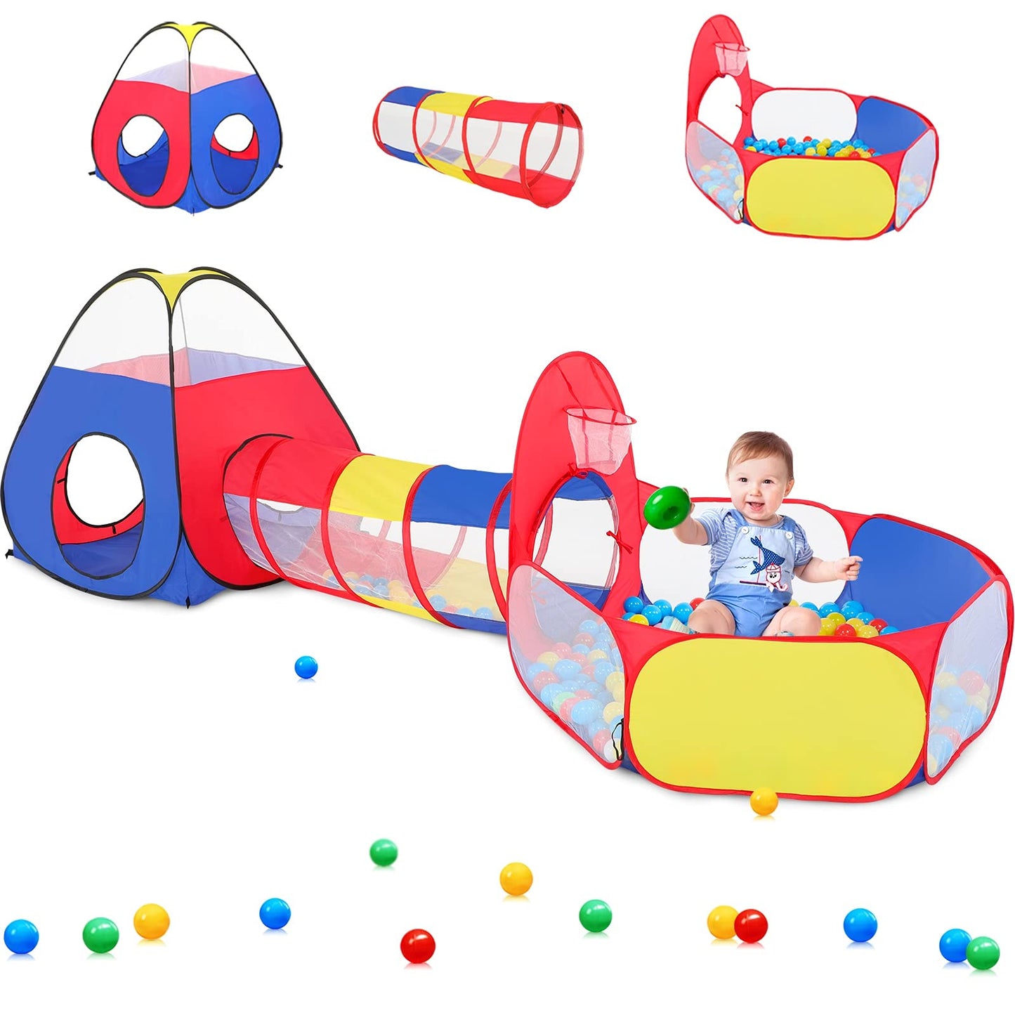 PigPigPen 3 in 1 Kids Play Tent – Pop Up Playhouse with Tunnel, Ball Pit & Basketball Hoop