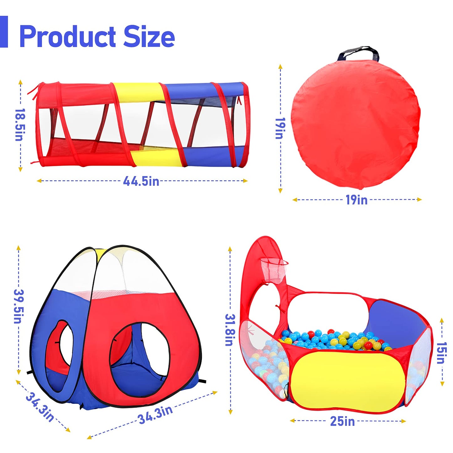 PigPigPen 3 in 1 Kids Play Tent – Pop Up Playhouse with Tunnel, Ball Pit & Basketball Hoop