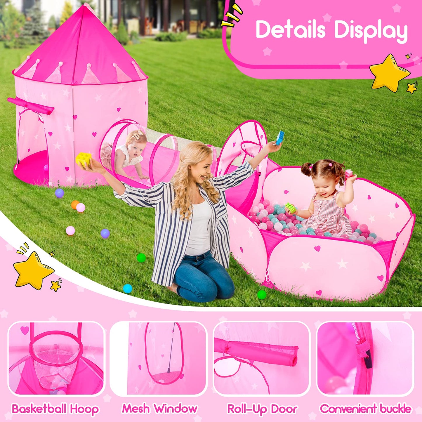 PigPigPen 3pc Kids Play Tent: Space World 3-in-1 Playset with Ball Pit, Tunnel & Princess Tent
