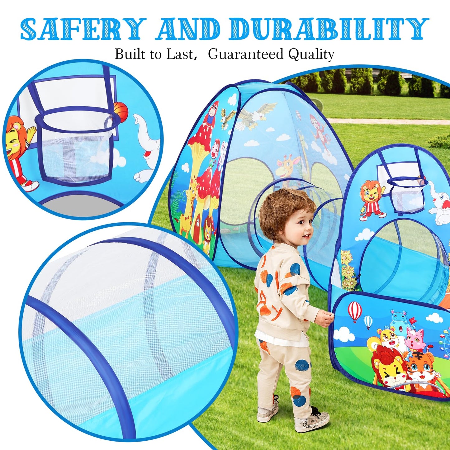 PigPigPen 3 in 1 Kids Play Tent with Tunnel and Ball Pit – Jungle Theme Pop Up Playhouse