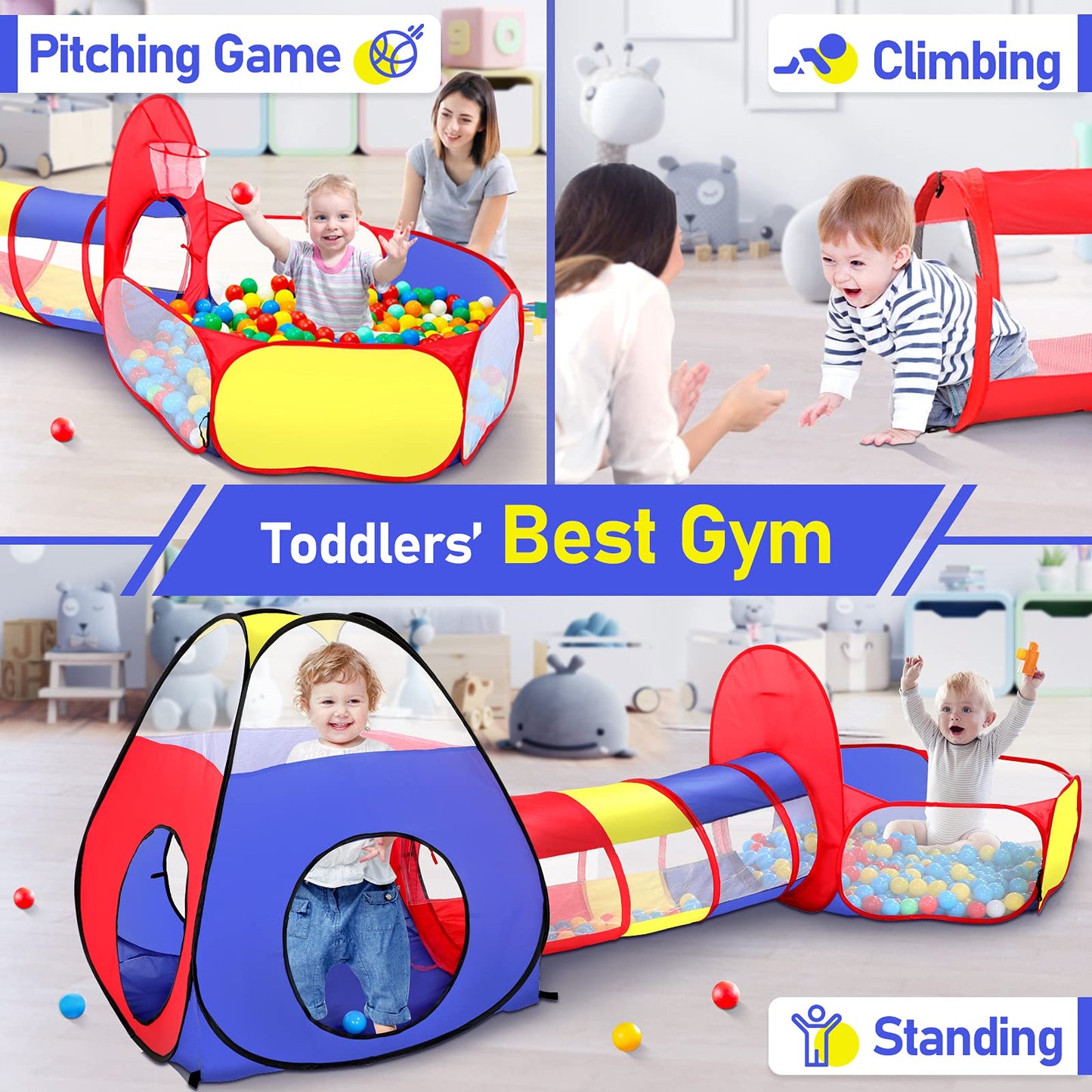 PigPigPen 3 in 1 Kids Play Tent – Pop Up Playhouse with Tunnel, Ball Pit & Basketball Hoop