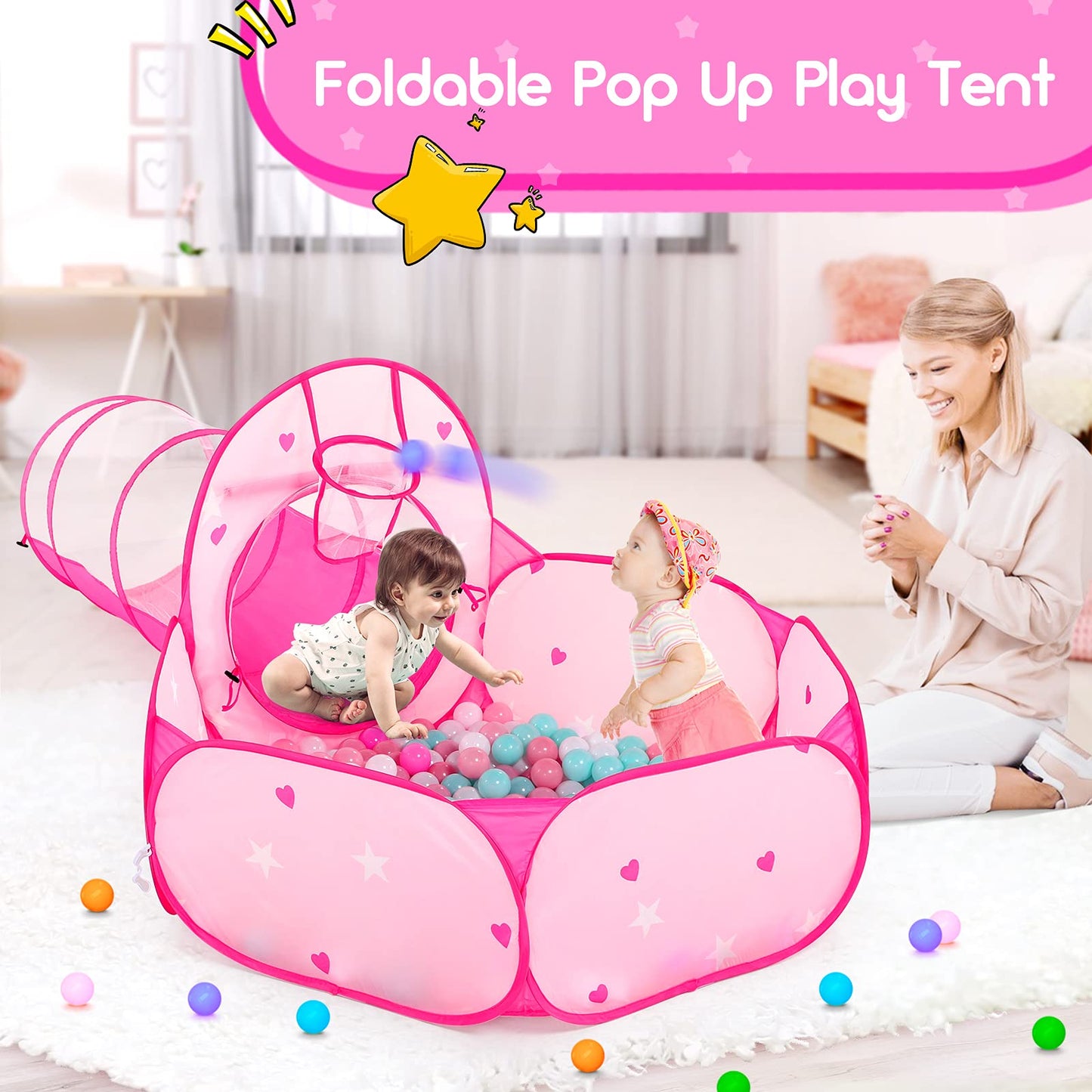 PigPigPen 3pc Kids Play Tent: Space World 3-in-1 Playset with Ball Pit, Tunnel & Princess Tent
