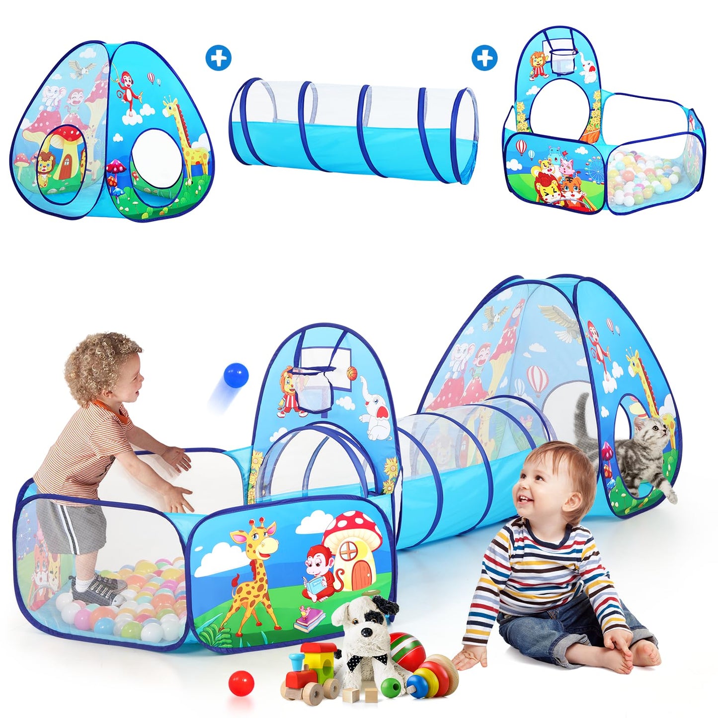 PigPigPen 3 in 1 Kids Play Tent with Tunnel and Ball Pit – Jungle Theme Pop Up Playhouse