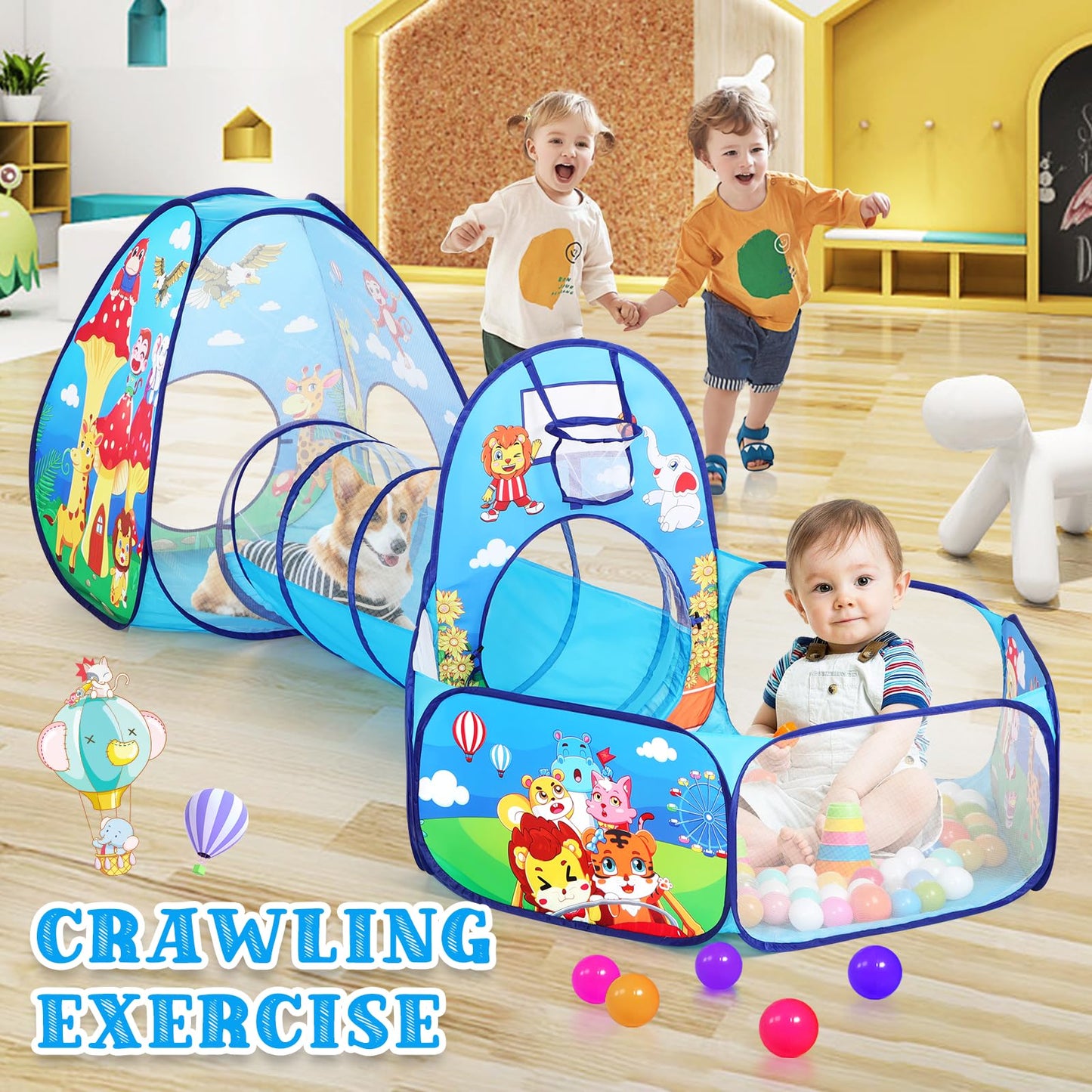 PigPigPen 3 in 1 Kids Play Tent with Tunnel and Ball Pit – Jungle Theme Pop Up Playhouse