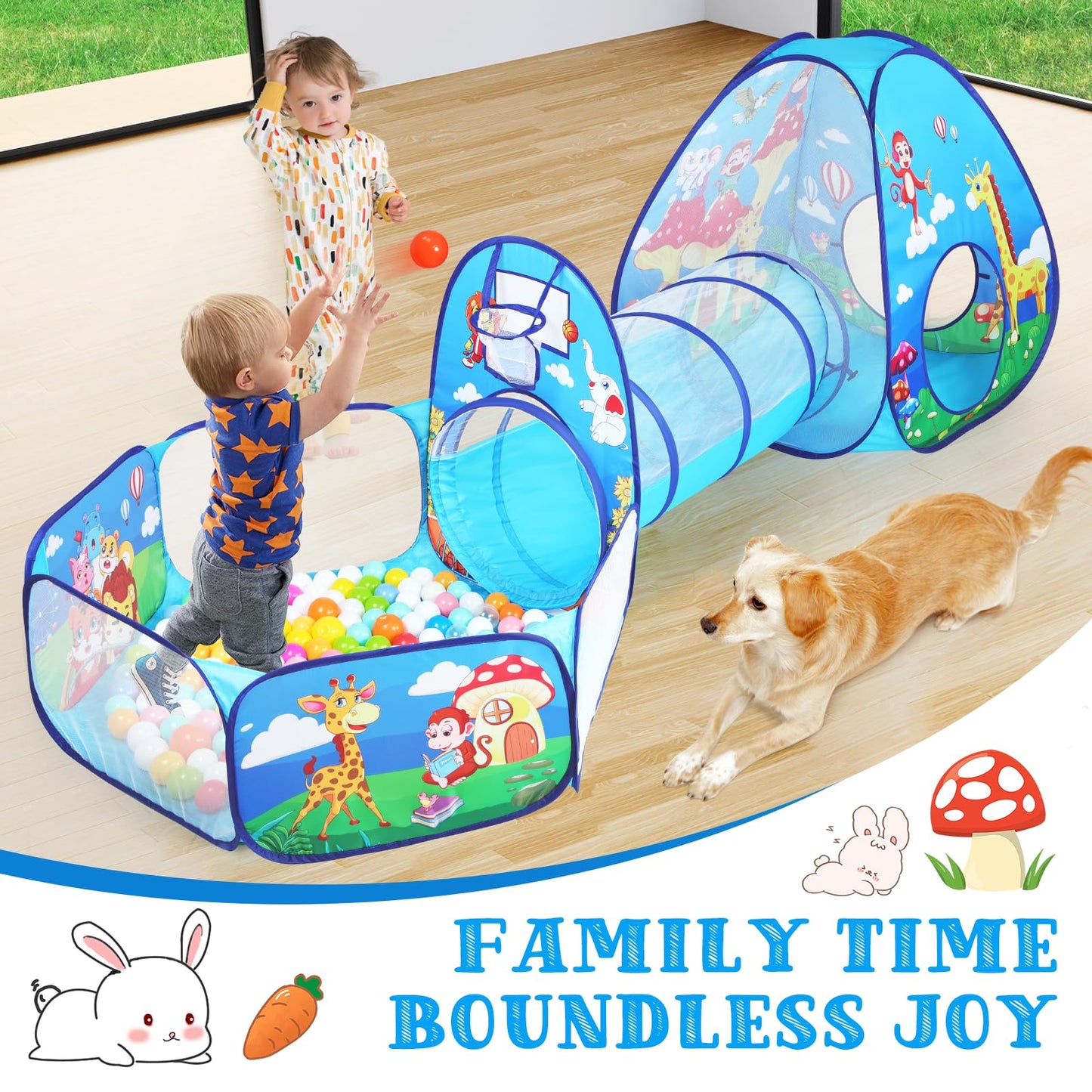 PigPigPen 3 in 1 Kids Play Tent with Tunnel and Ball Pit – Jungle Theme Pop Up Playhouse