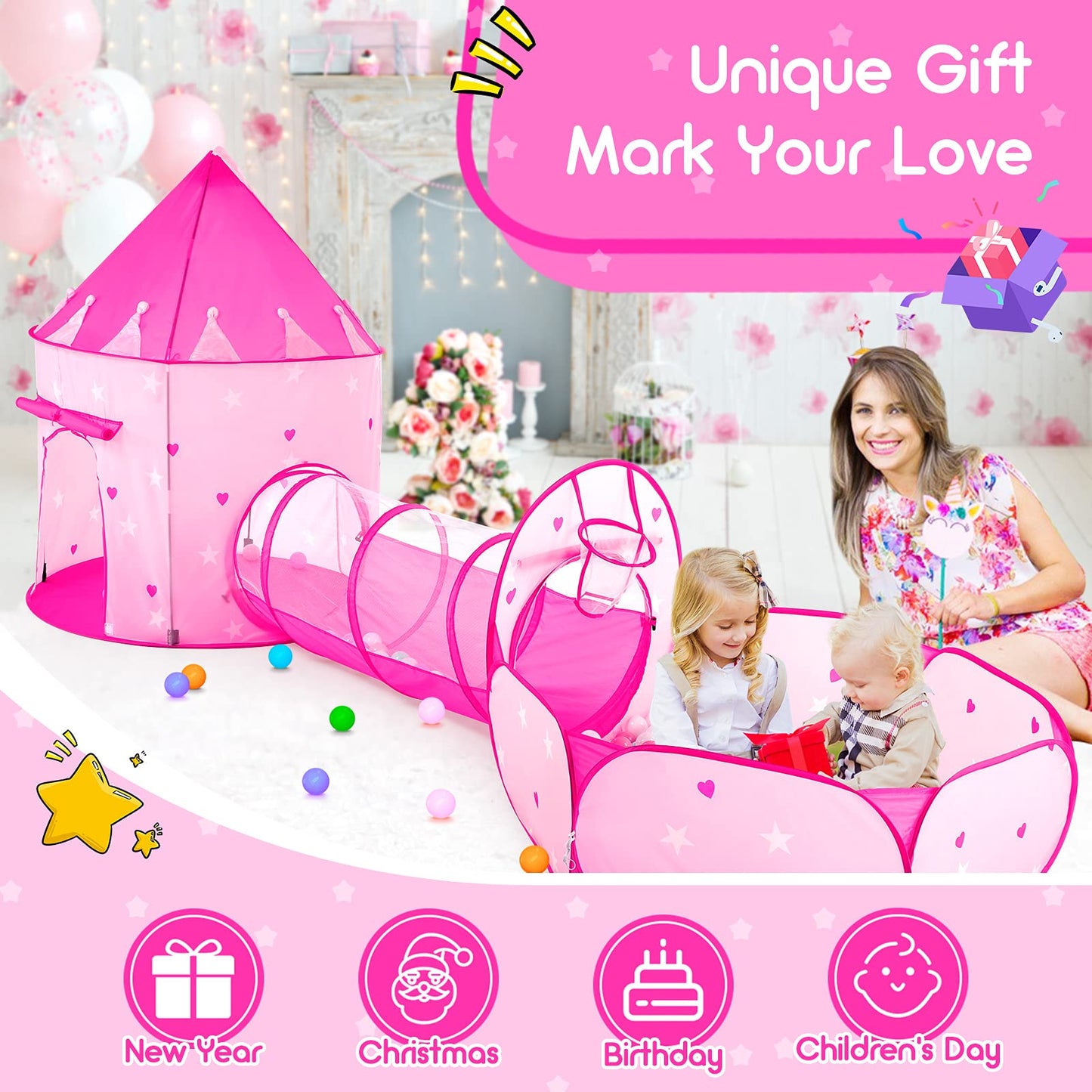 PigPigPen 3pc Kids Play Tent: Space World 3-in-1 Playset with Ball Pit, Tunnel & Princess Tent