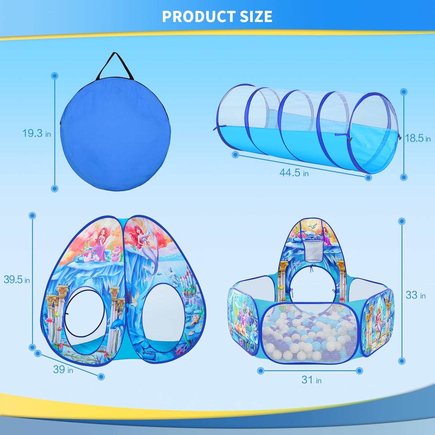 PigPigPen 3 in 1 Mermaid Play Tent – Play Tunnel, Ball Pit & Basketball Hoop for Indoor/Outdoor Kids